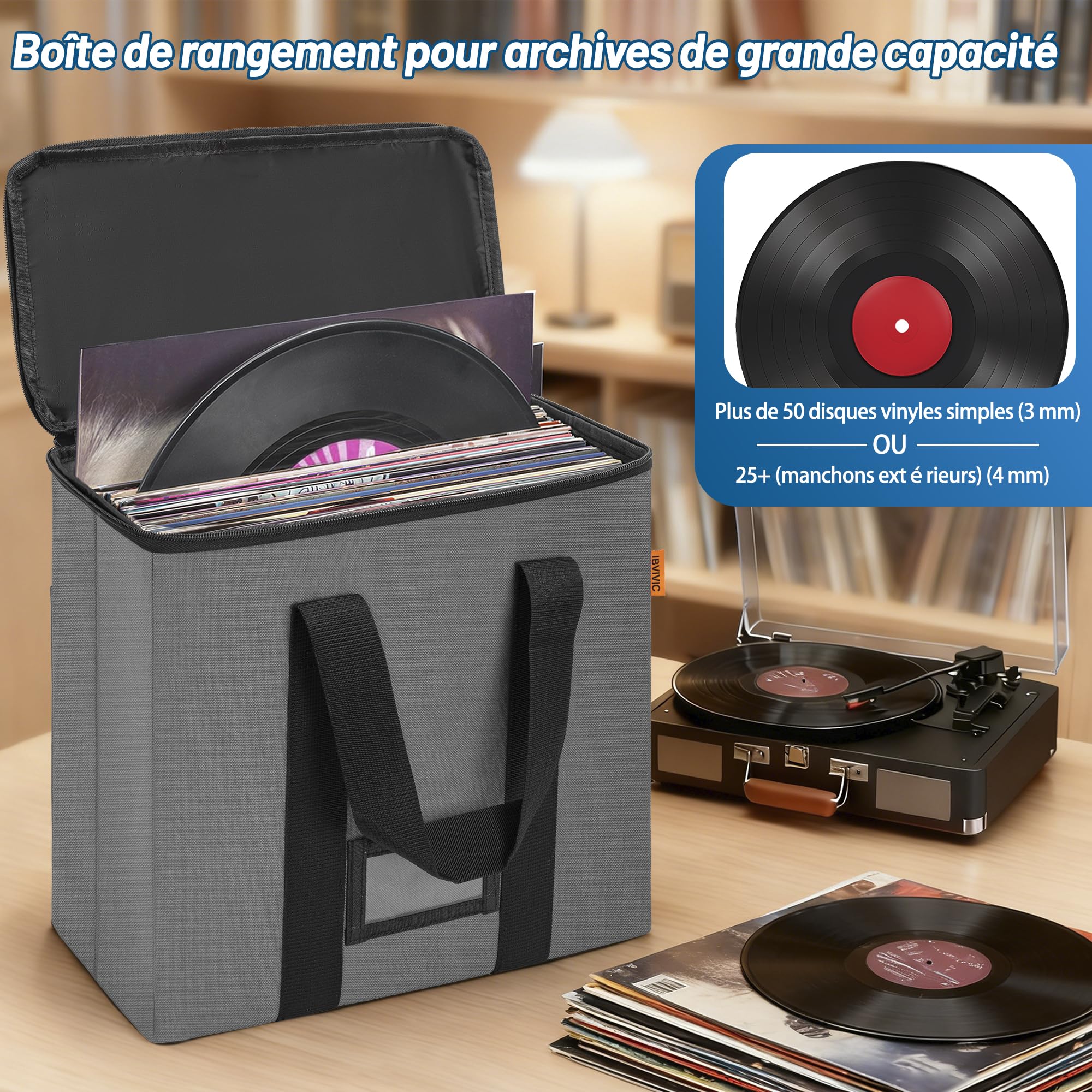 OUUTMEE - Bolsa de transporte para discos de vinilo con cremallera, capacidad hasta 50 solteros, funda de almacenamiento impermeable plegable para álbumes, CD, documentos, gris, S Talla, Bolsa de