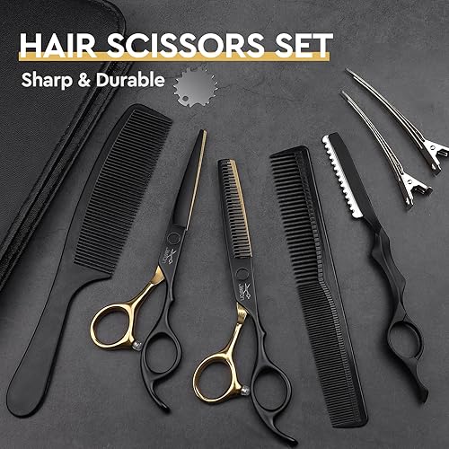 Miniatura 6 de JASON Juego de 10 tijeras profesionales de corte de pelo, tijeras de adelgazamiento y texturización de 6.5 pulgadas, tijeras rectas para hombres,