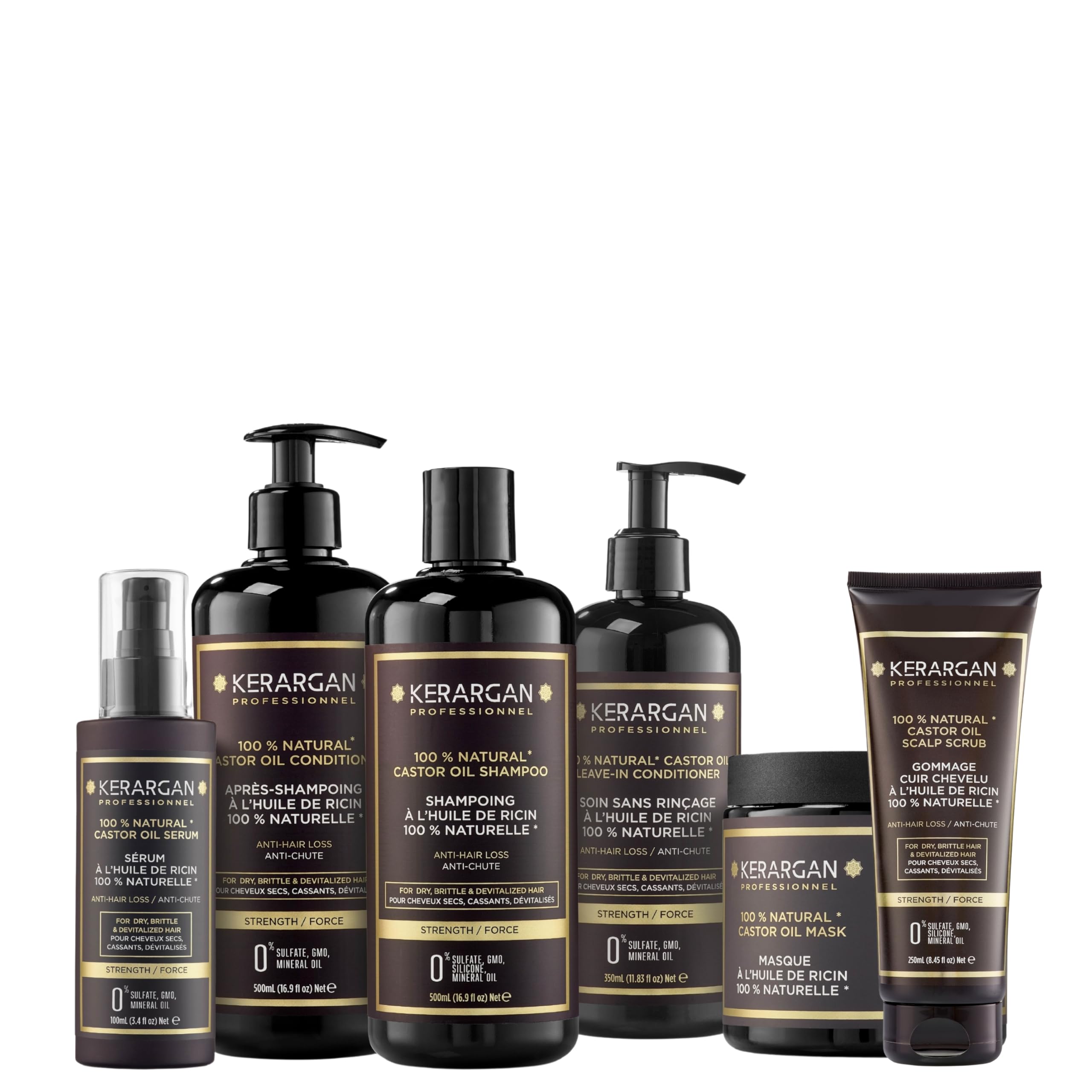 KERARGAN - 6-Staps Complete Ricinusolie Routine - 3x500ml+100ml+350ml+250ml | Zesstaps ricinusolieroutine met shampoo, conditioner, haarmasker, serum, leave-in en hoofdhuid-scrub