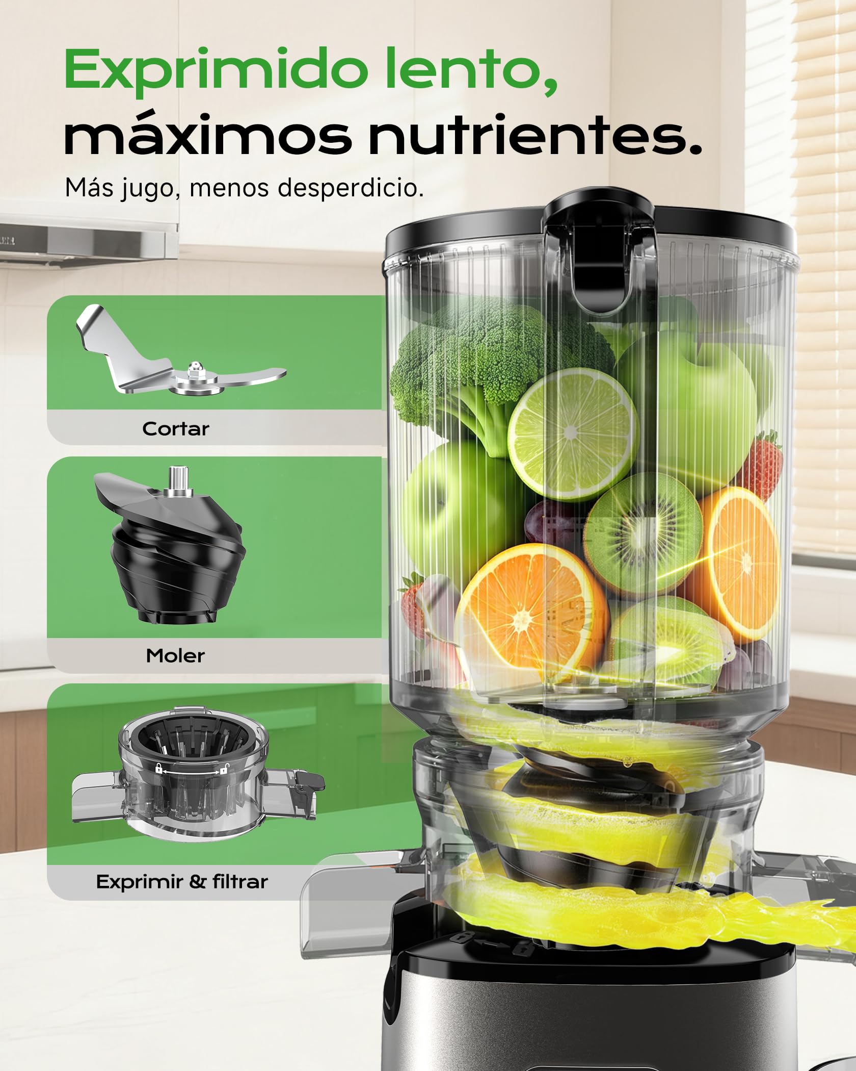 Exprimidor de frutas y verduras, 130mm XL | 1,8L Slow Juicer, 600 ml, sin BPA, fácil limpieza, para familias, color gris
