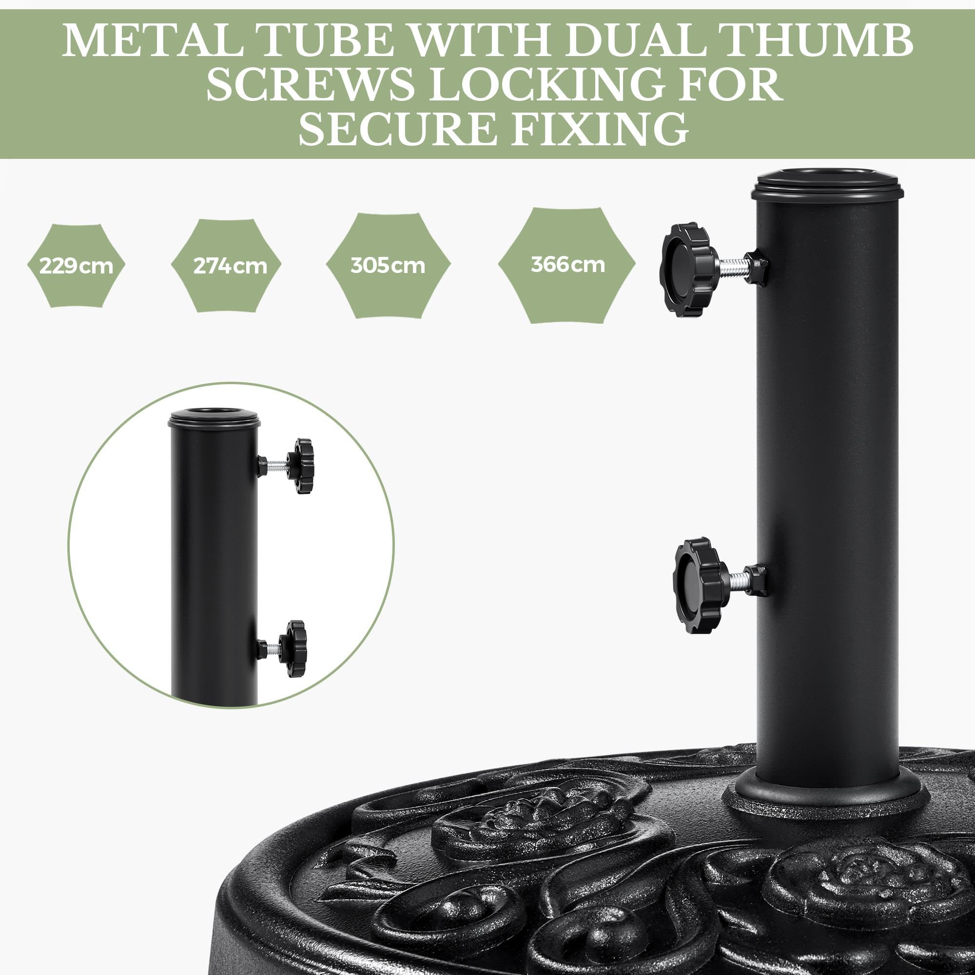 Yaheetech 25 kg Garden Parasol Base with Wheels, Resin Heavy Duty Umbrella Stand Holder, Outdoor Patio Umbrella Base Fits 34/38/48MM Poles with Rose Design Black — view 8