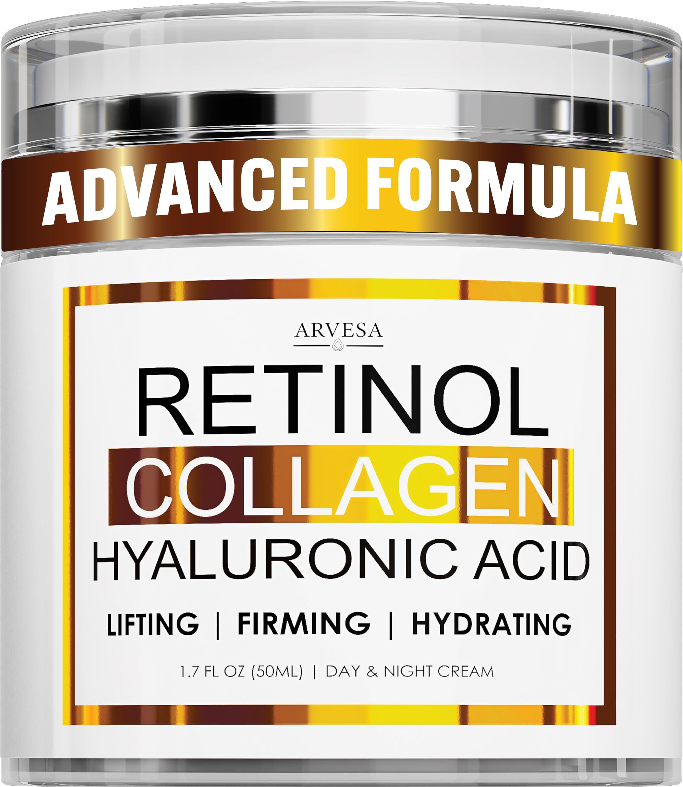 Arvesa Retinol Cream for Face - Facial Moisturizer with Collagen and Hyaluronic Acid - Hydrating Wrinkle Cream for Women and Men - Anti-Aging Day and Night Moisturizer For All Skin Types - Made in USA
