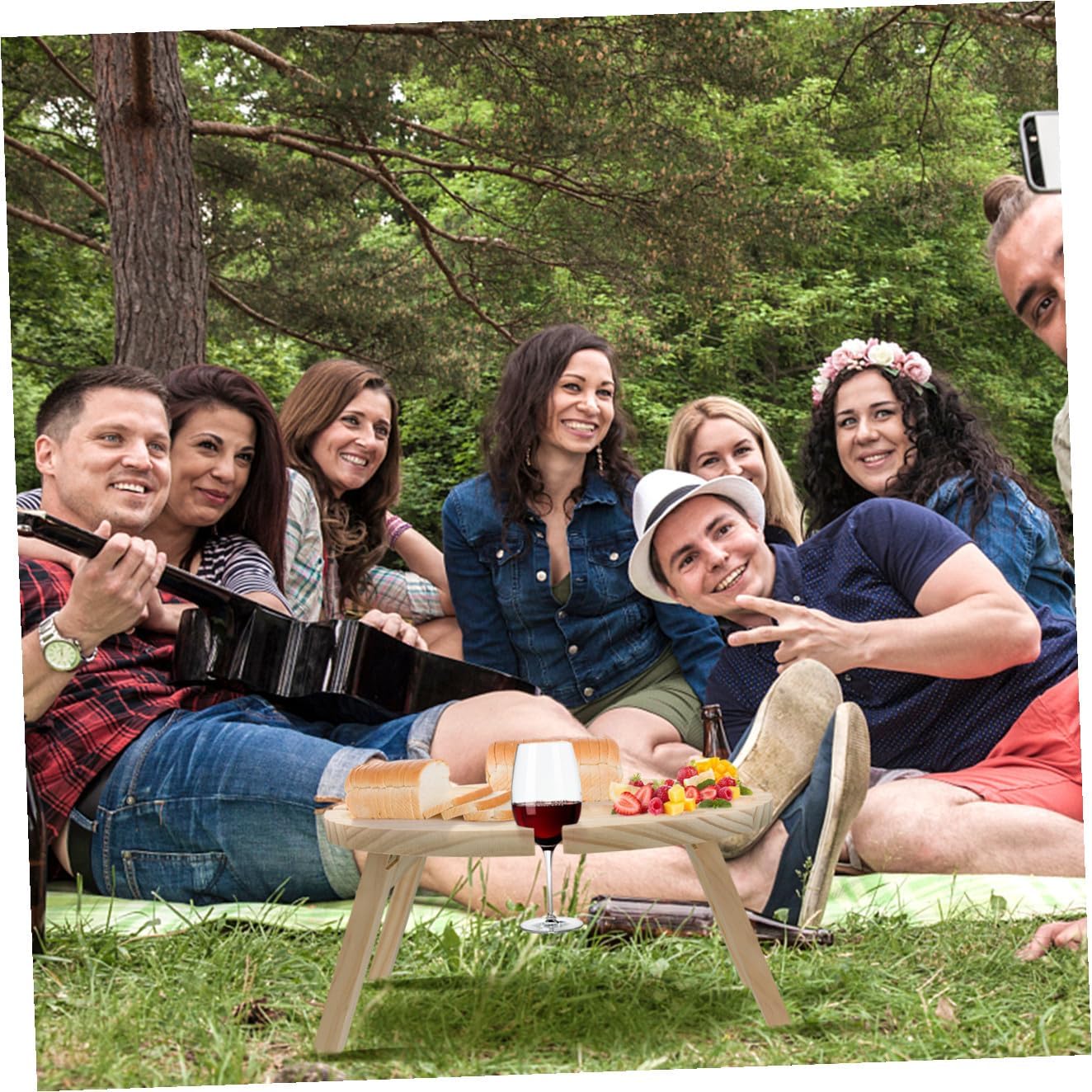 Luxshiny Portable Foldable Wooden Wine Table Outdoor Picnic Snack Table Lightweight Collapsible Khaki for Camping Beach Party and Indoor Use