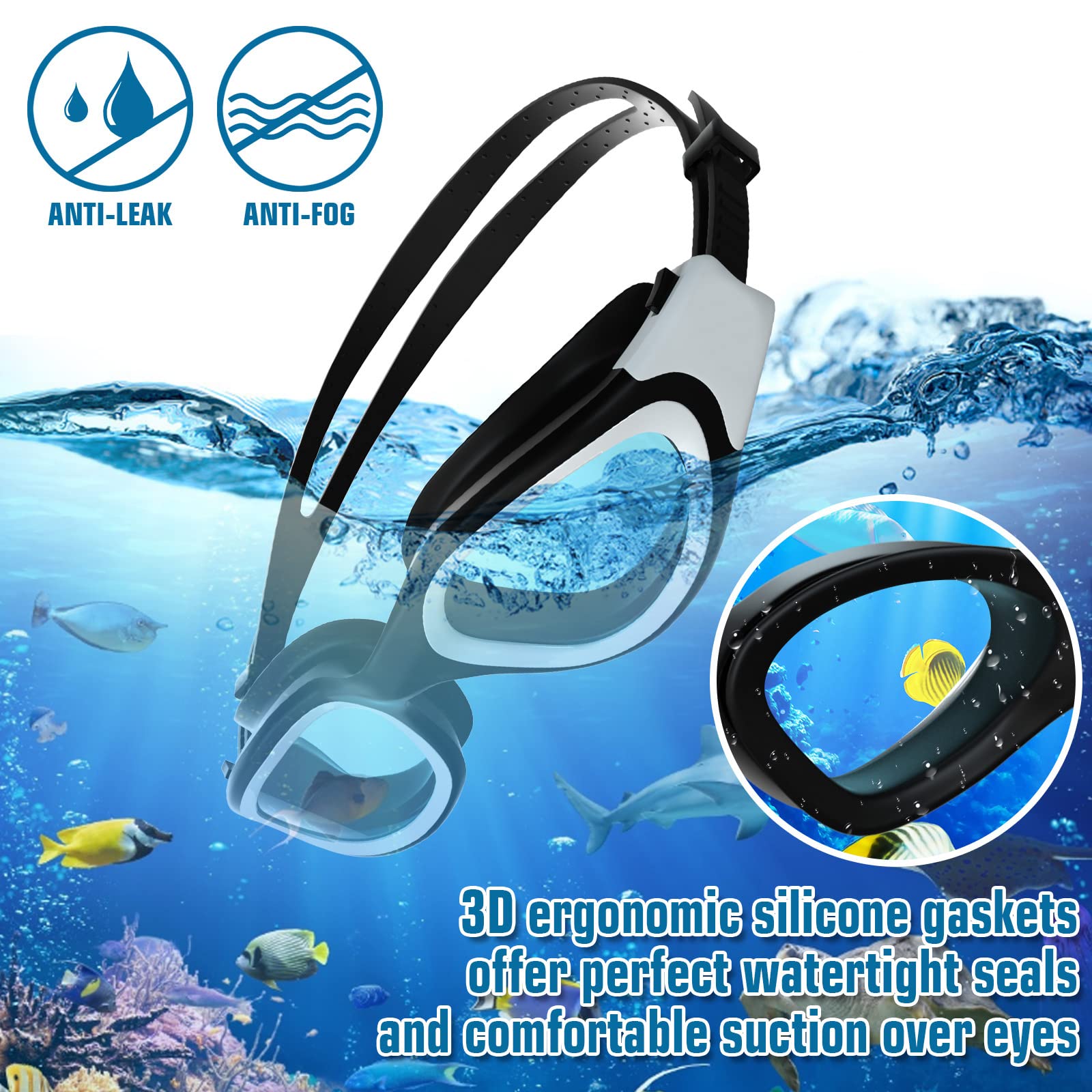 Occhialini da Nuoto Polarizzati, Anti-appannamento Anti-perdite con Protezione UV Visione chiara Facile da regolare Con Ponte Nasale Morbido per Uomo Donna Adulti e Adolescenti