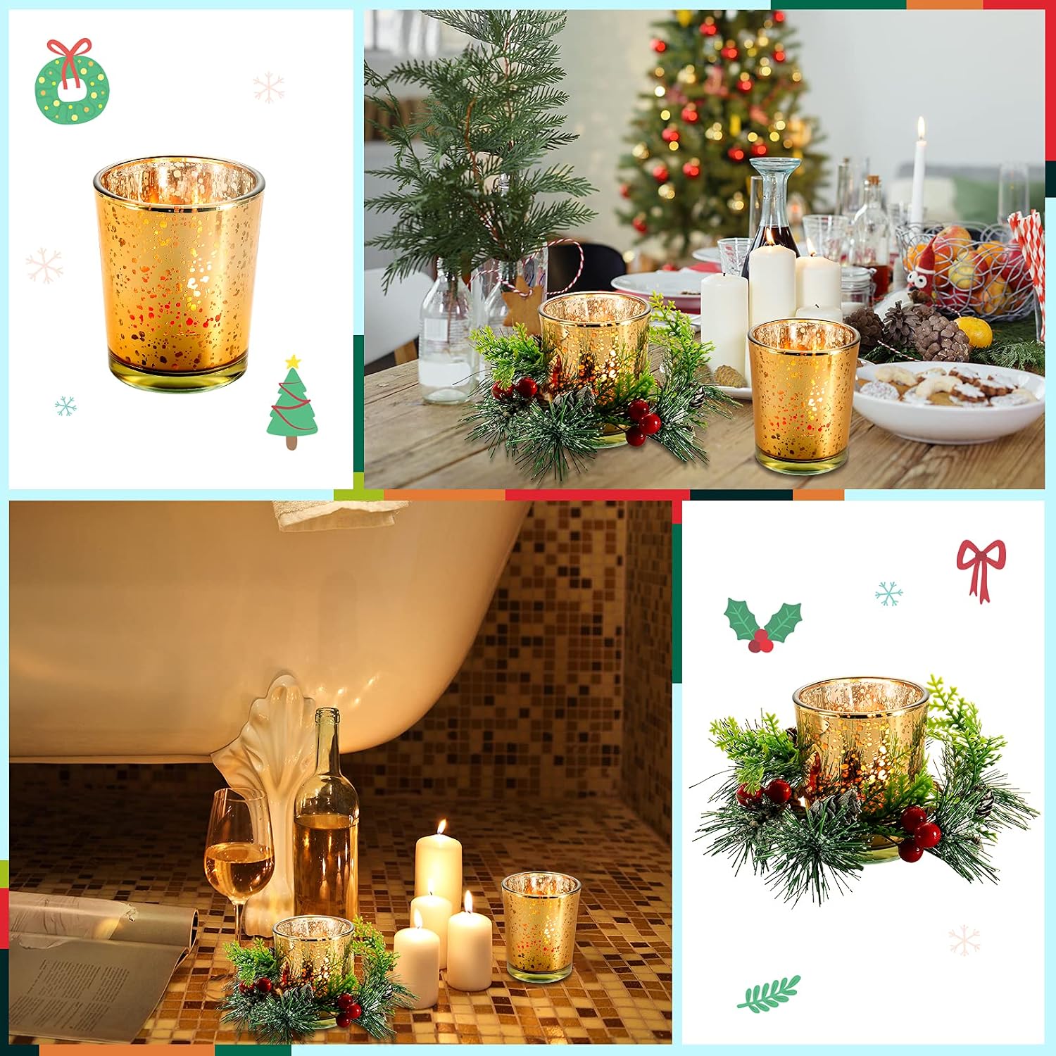 Skylety 4 Pack Christmas Votive Candle Holders with Candle Ring Wreath Christmas Table Centerpieces Glass Tealight Holder Wreath with Red Berry Pinecones for Xmas Decorations Wedding Holiday