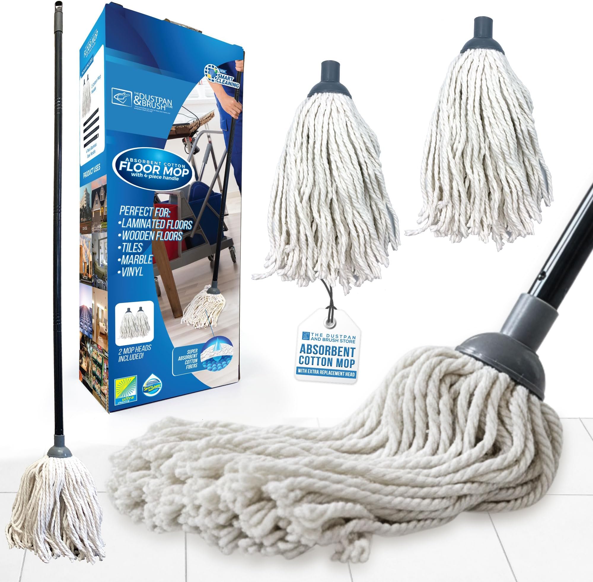 Cotton Floor Mops Mop System with Super Absorbent Cotton Head, 110cm Metal Handle and Extra Head Refill Effective Cleaning For Home, Office and Commercial Use
