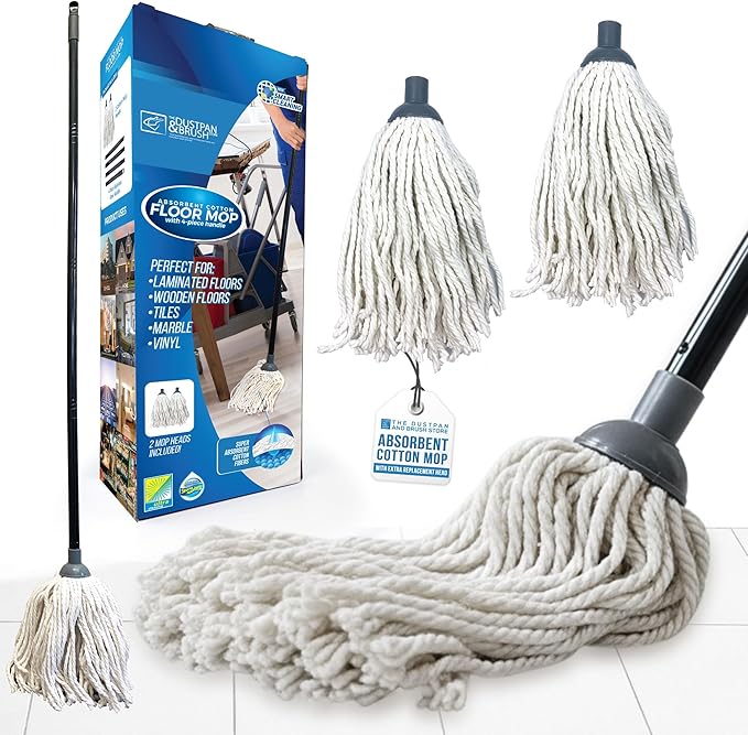 Cotton Floor Mops Mop System with Super Absorbent Cotton Head, 110cm Metal Handle and Extra Head Refill Effective Cleaning For Home, Office and Commercial Use