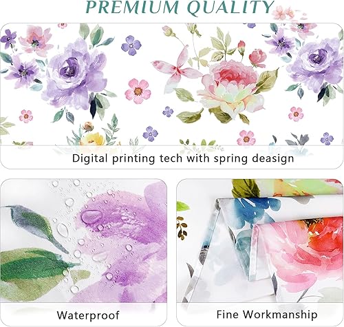 Miniatura 5 de Mantel rectangular de primavera impermeable con borde botánico de flores de acuarela, resistente a las manchas y a las arrugas, mantel de primavera