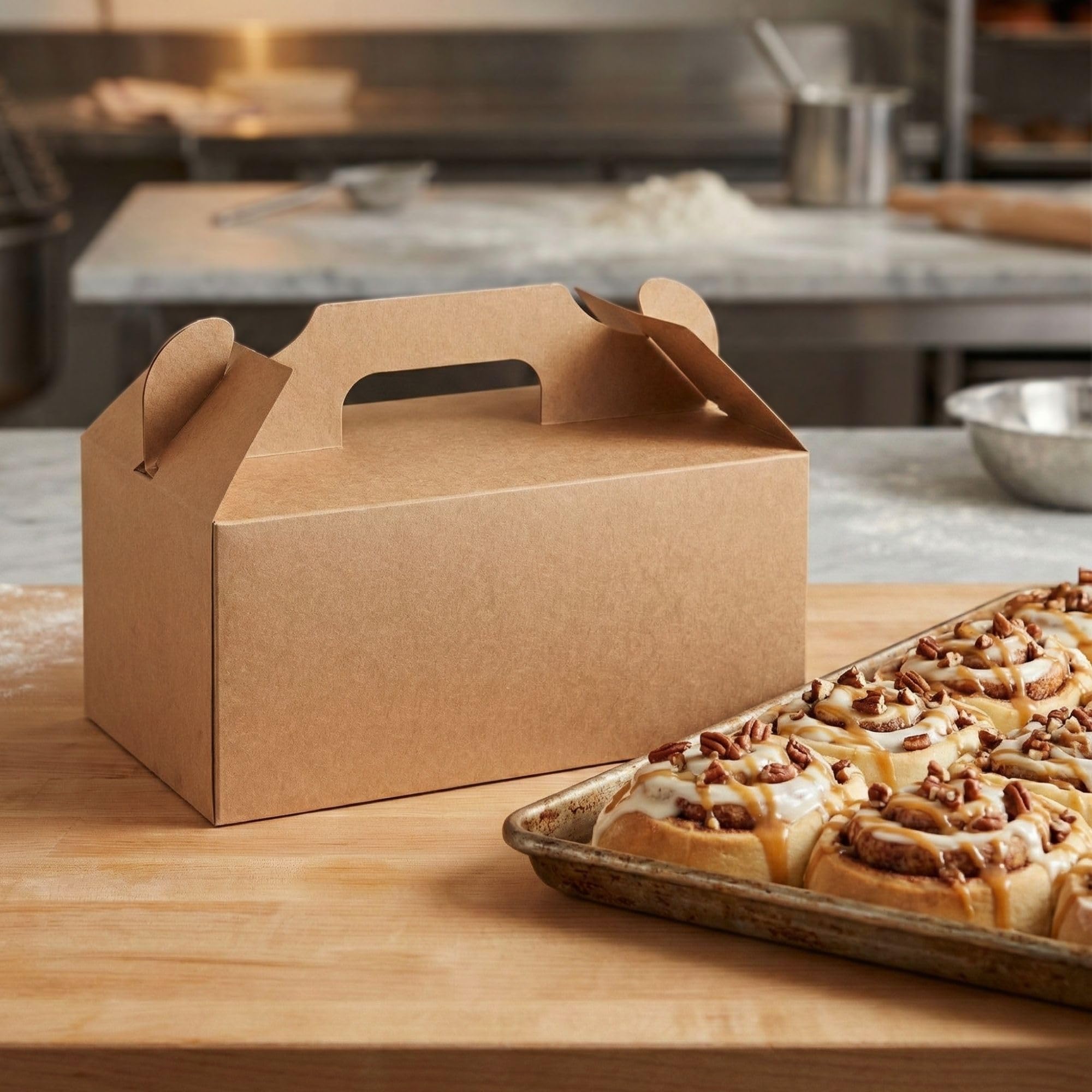 Restaurantware Bio Tek - Cajas de regalo de 10.2 x 5.9 x 6.9 pulgadas con asas, 100 cajas rectangulares a dos aguas, con pestaña segura, cajas de cartón kraft resistentes a la grasa, reciclables