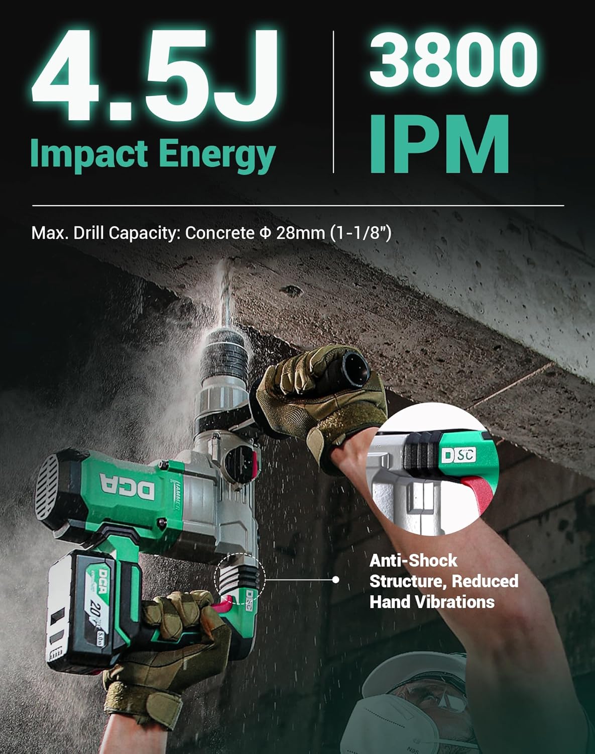 DCA 20V MAX Cordless Heavy Duty Rotary Hammer Drill, 4.5 Joule, 3800BPM, 1-1/8 Inch SDS-Plus, Brushless Rotary Hammer Drill (bare tool, Battery and charger not included)