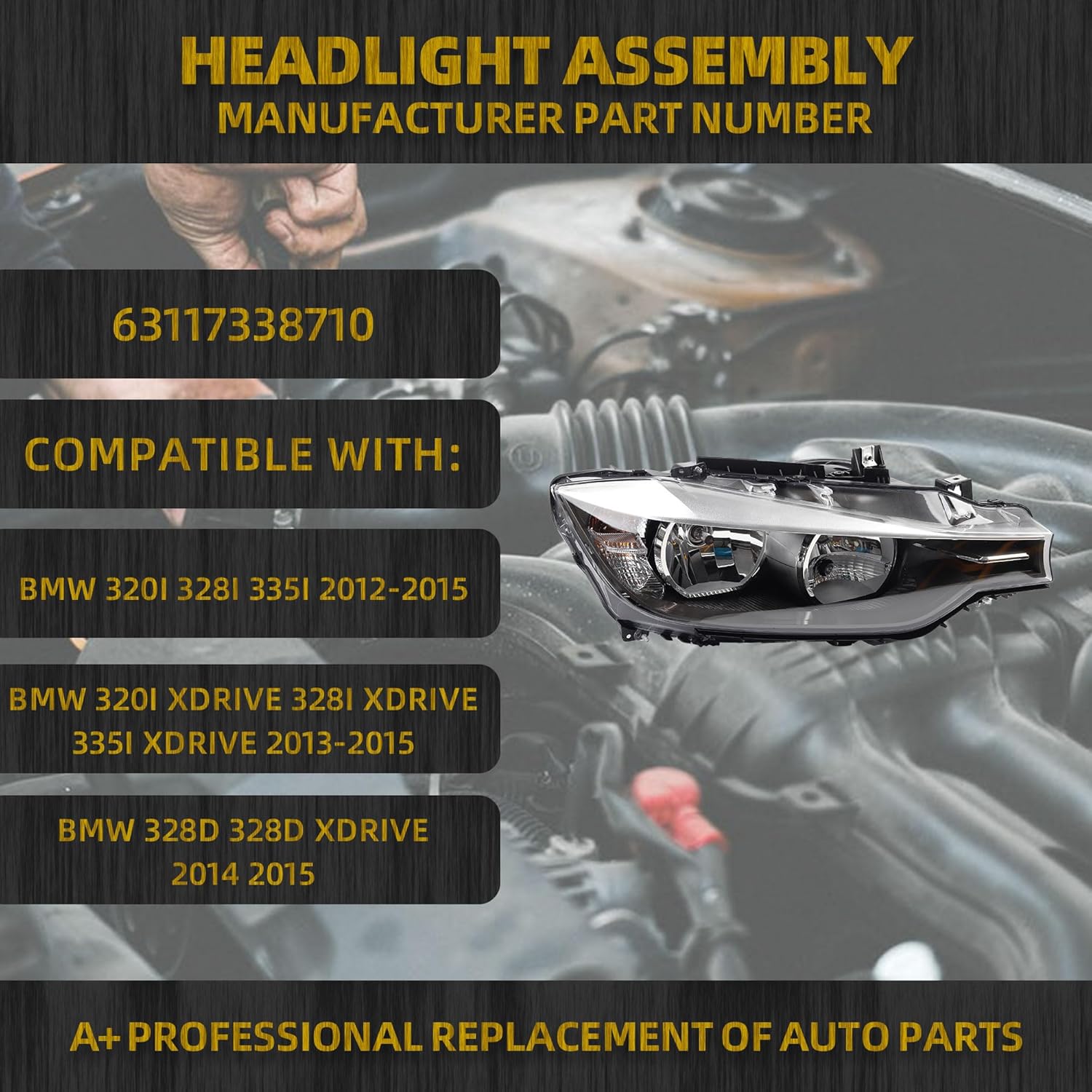 Dasbecan Halogen Headlight Compatible With BMW 320i 328i 335i 328i xDrive & 328d 328d xDrive 2012-2015 Right Passenger Side Trim Headlamp Assembly Replaces# 63117338710 BM2503169
