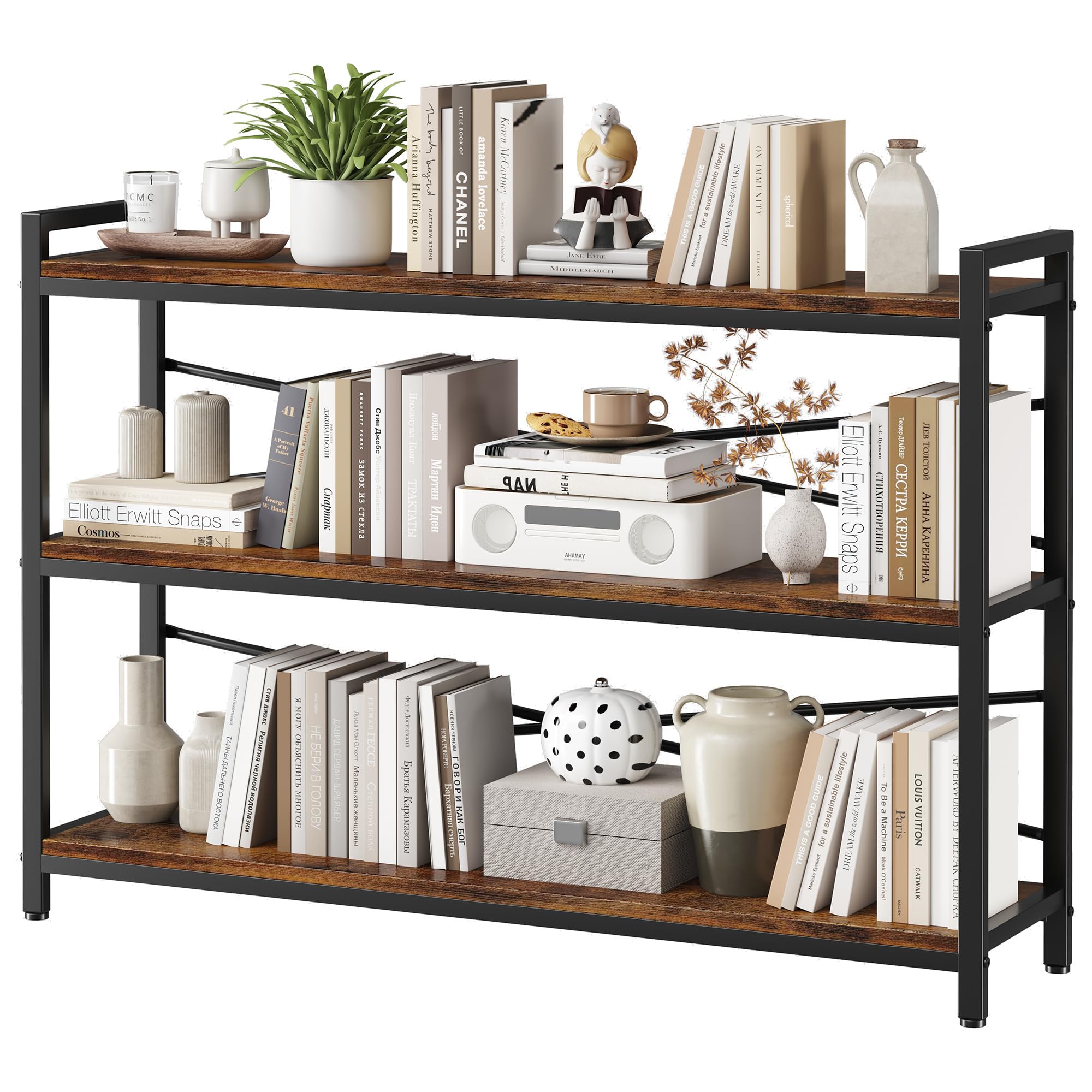 3 Tier Bookshelf 47.24" Width, Wood and Metal Etagere Bookcase, Vintage Farmhouse Modern Wooden Large Book Shelf for Home Living Room Bedroom Office