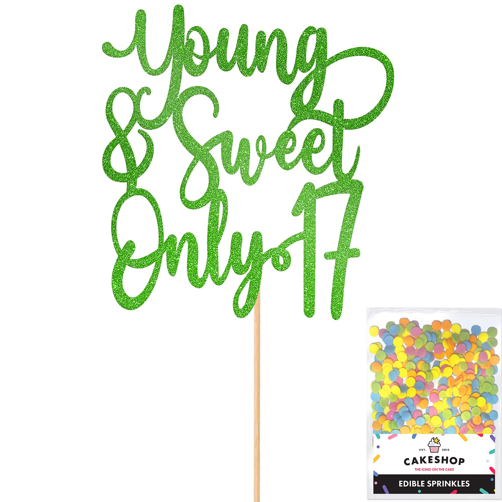 Cakeshop Personalised ABBA Themed Glitter Cake Topper With Sprinkles - Green Custom Colour - Any Age - Double-Sided Glitter Card Cake Decoration - Custom Toppers for Cakes