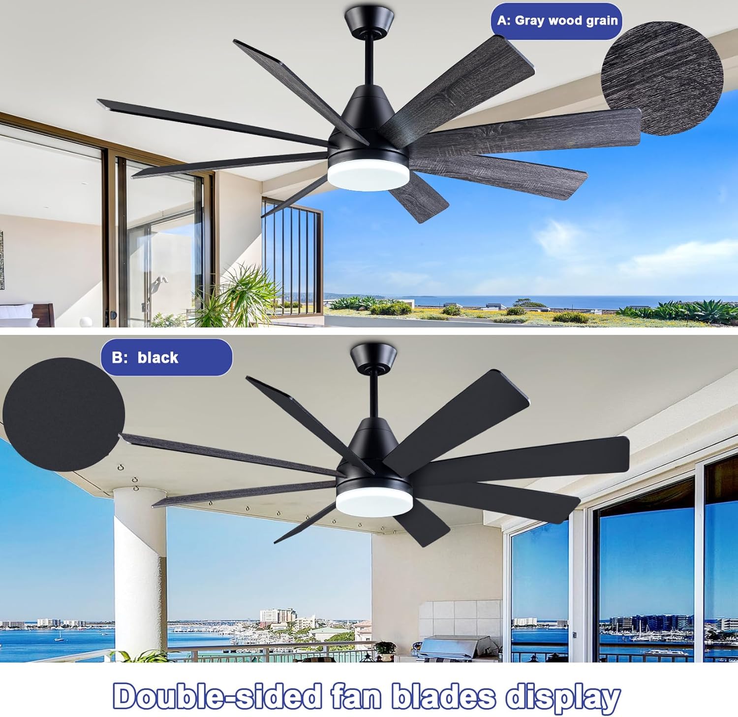 62-inch Lighted Ceiling Fan - Black, with Remote Control, Full Memory Function, Quiet Operation, Ideal for Garages or Living Rooms, 8 Double-Sided Wooden Blades, Easy Installation