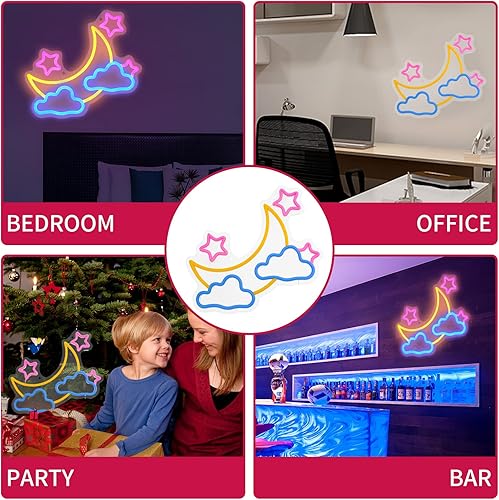 Miniatura 6 de KOBES Letrero de neón Moon Cloud Star – Letreros de neón azul/amarillo/rosa para decoración de pared, alimentado por USB, luna, nube, estrellas, luz