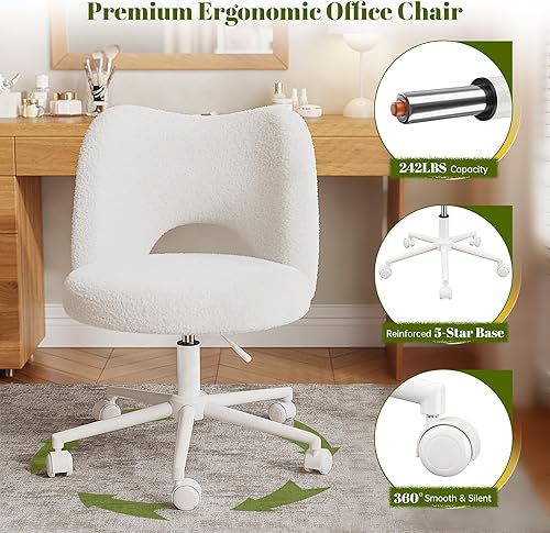 Miniatura 8 de Silla de Tocador con Ruedas Sin Brazos, Silla de Tocador Blanca con Respaldo, Silla de Escritorio Ultra-Suave de Felpa Linda, Silla de Oficina