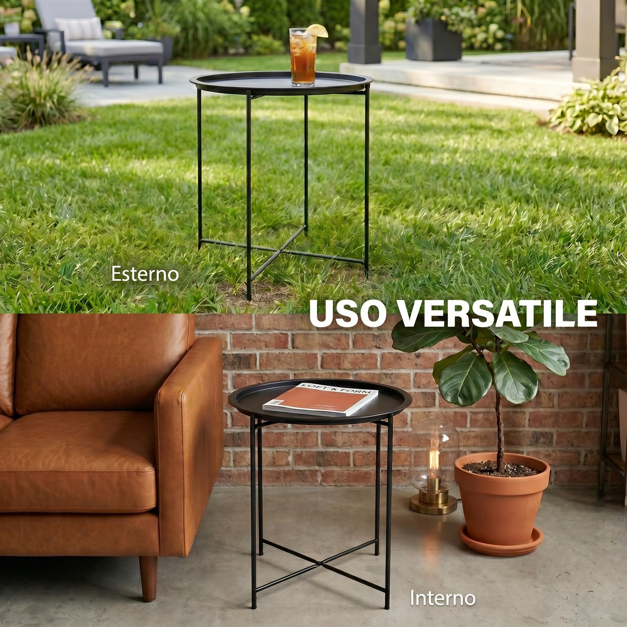 Outsunny Tavolo da Giardino Rotondo in Acciaio Ø46 cm con Vassoio Rimovibile e Gambe Pieghevoli Nero