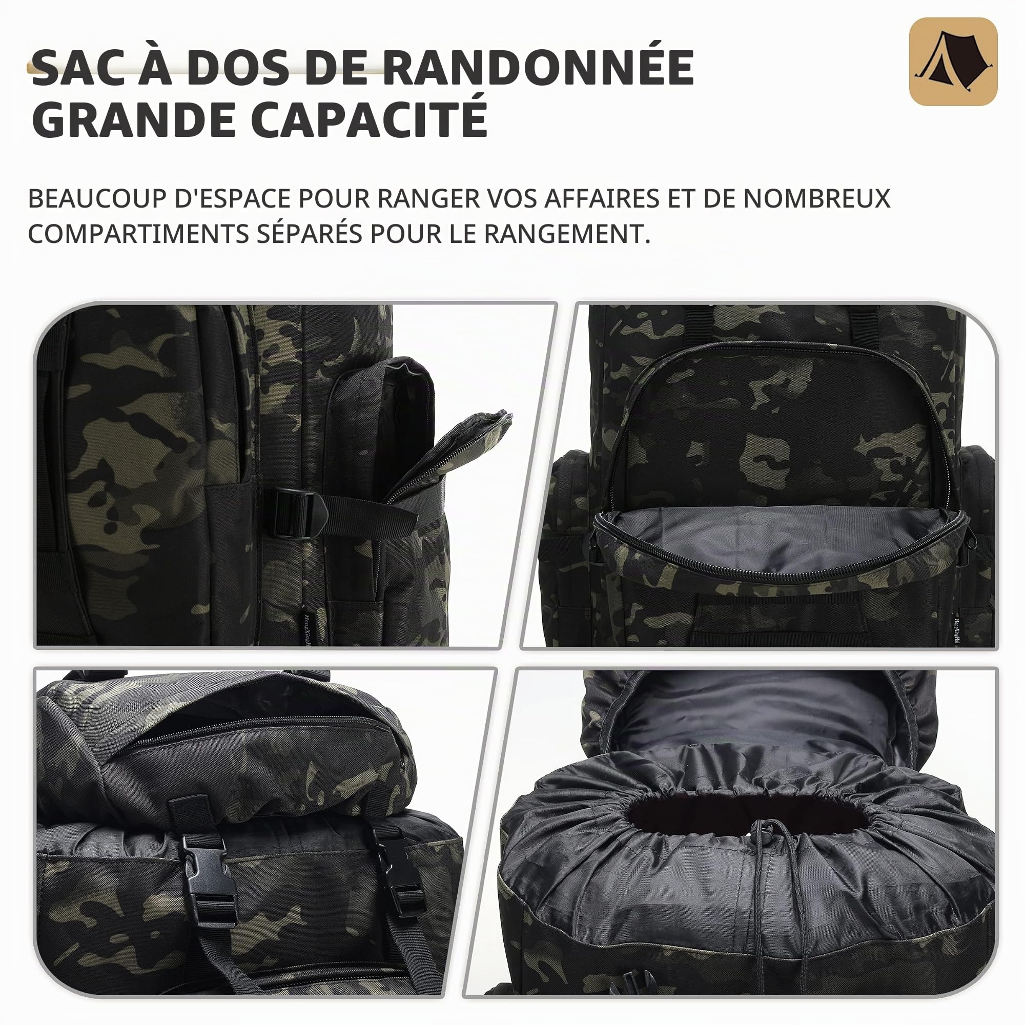 Sac à dos de randonnée et camping 100 L, sac à dos tactique militaire Molle, imperméable et léger