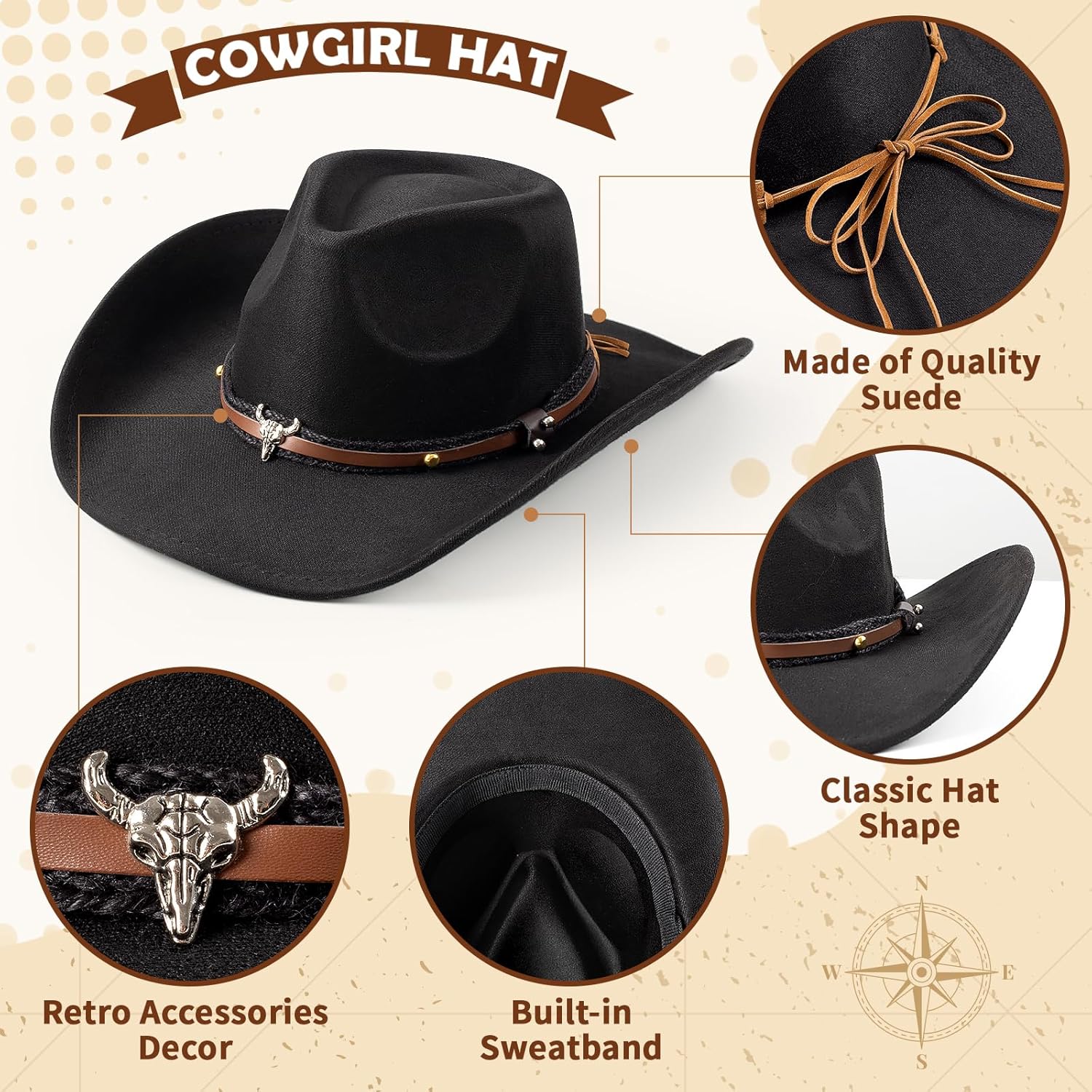 Cowgirl Outfits for Women Western Cow Girls Costume Tassel Fringe Vest Cowboy Hat and Accessories Set - Image 5