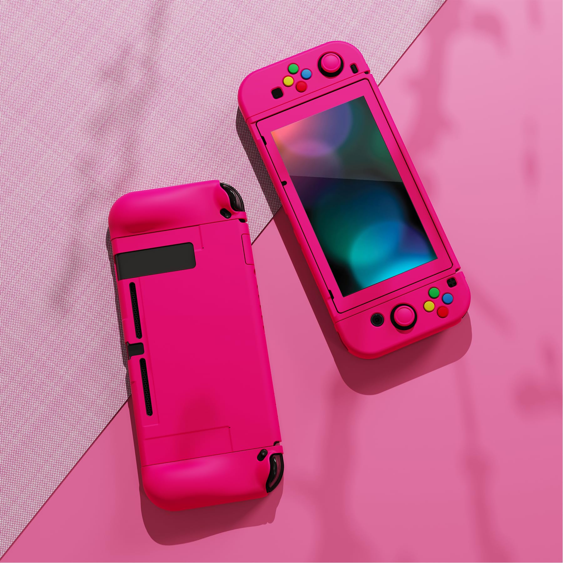 PlayVital Coque pour Switch Protection,Joycon Cover avec Capuchon pour Nintendo Switch et Protecteur d'Écran & ZealProtect Boutons-Rose Brillant