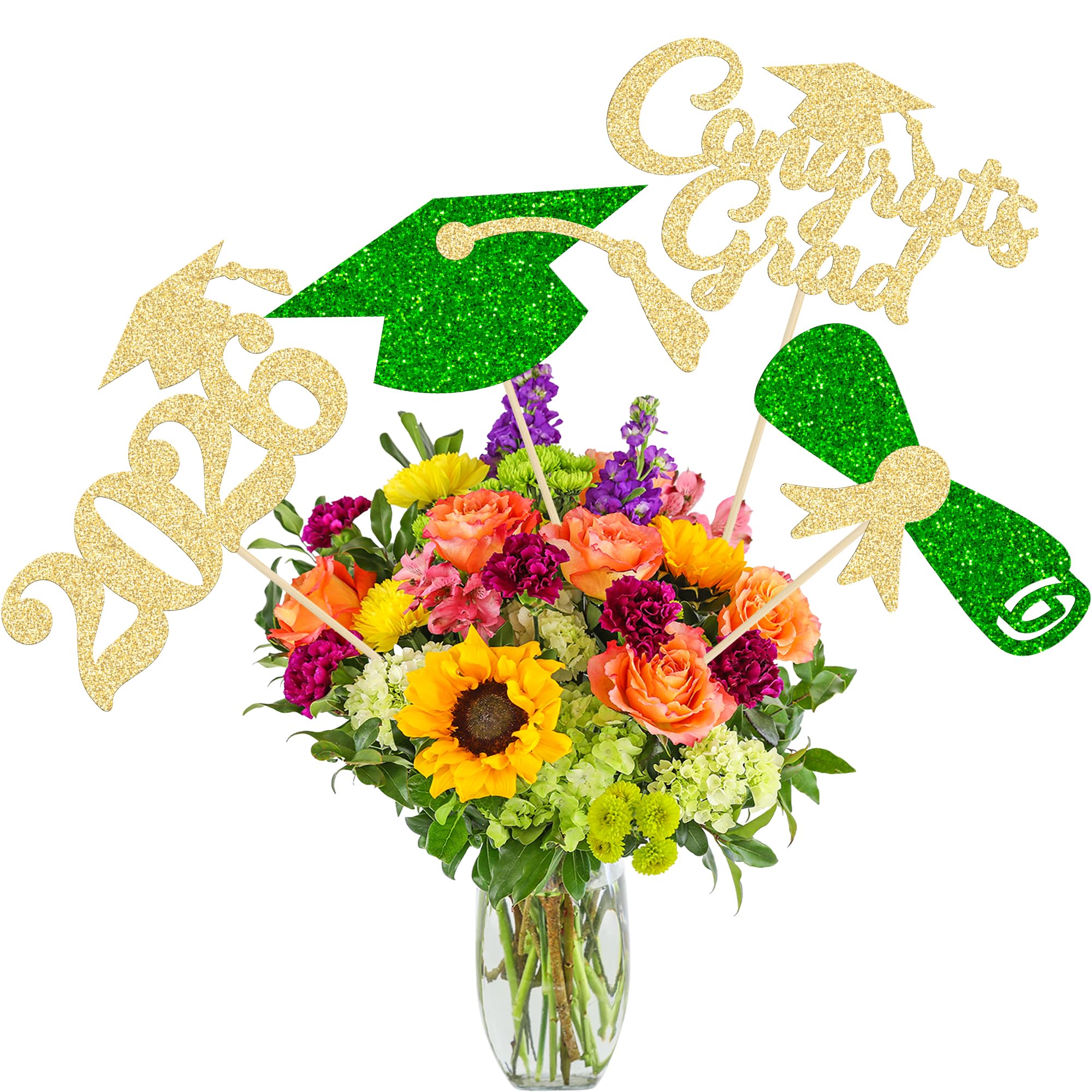 Gyufise 12Pcs 2026 Graduation Centerpiece Sticks Class of 2026 Congrats Grad Diploma Graduation Cap Table Flower Centerpiece Sticks for 2026 Theme Party Supplies Green Gold — image 1
