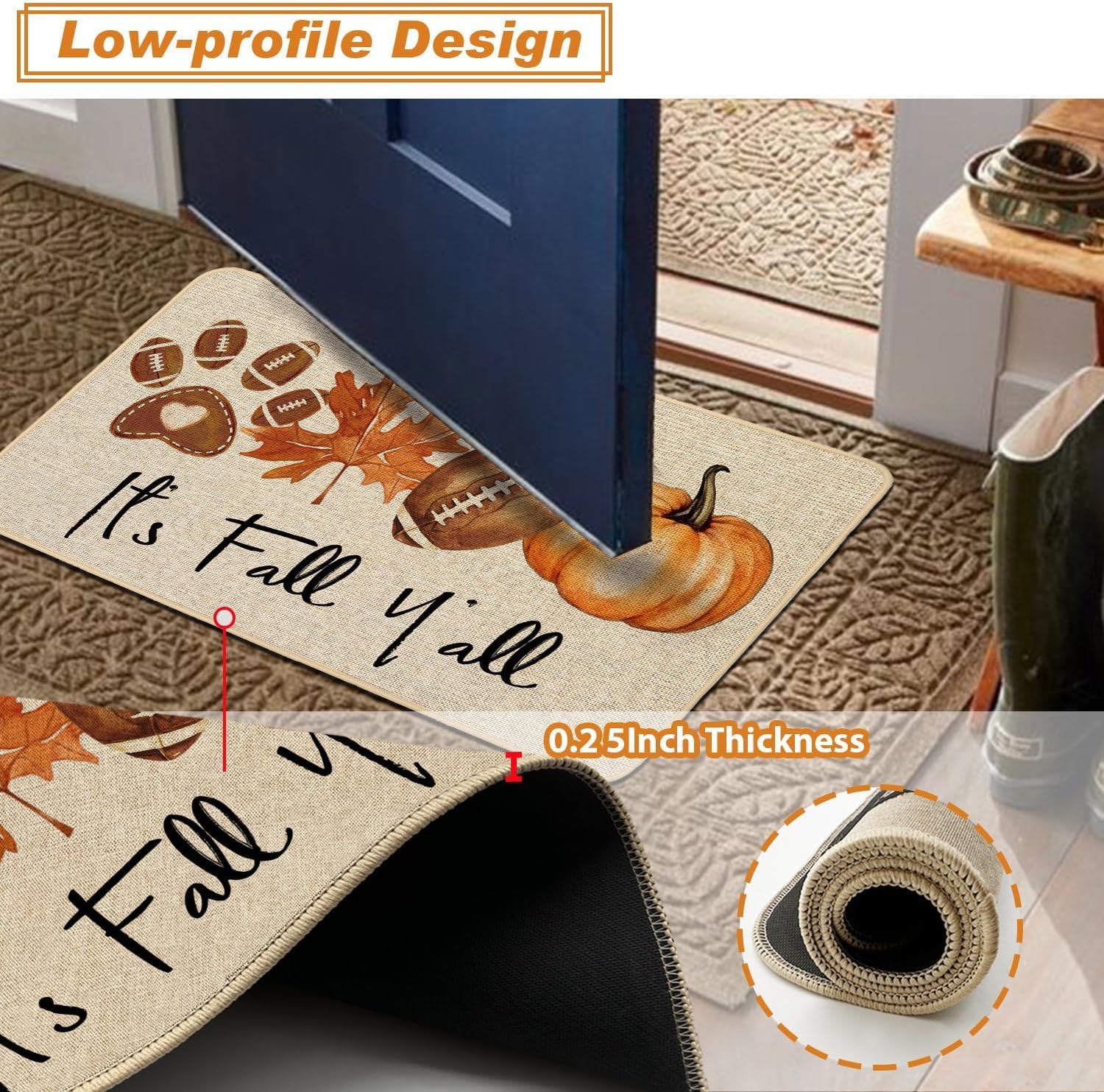 Baccessor Rugby Pumpkin Fall Kitchen Mats Set of 2, Maple Leaves Dog Paw Football Kitchen Rugs for Floor Low-Profile Farmhouse Fall Home Decor 17x29 and 17x47 Inch