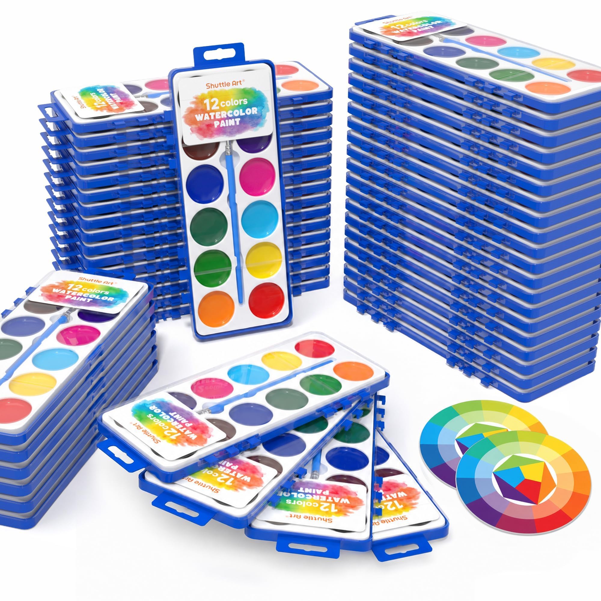 Shuttle Art 48 Pack Watercolor Paint Set Bulk 12 Colors for Kids &amp; Adults