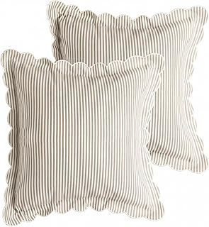 Newwiee Beige 2 Pack Scalloped Pillow Cover 18 x 18 Inch Stripe Throw Pi...