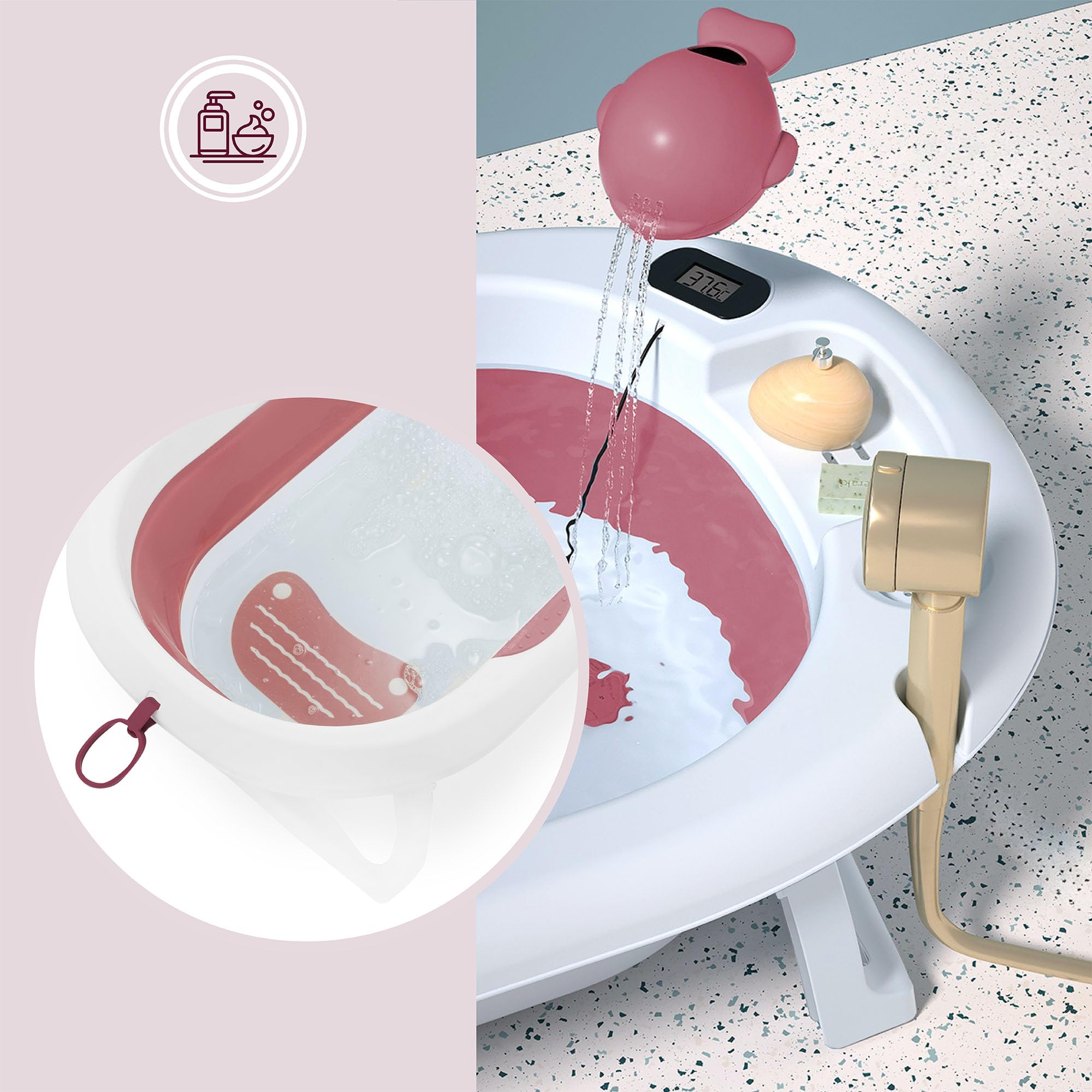 Moby-System Bañera Bebé Plegable con Termómetro LCD Incluye Inserto Soporte Alto y Bajo Vasito de Ballena – Compacta y Segura desde Recién Nacido – Rosa Empolvado