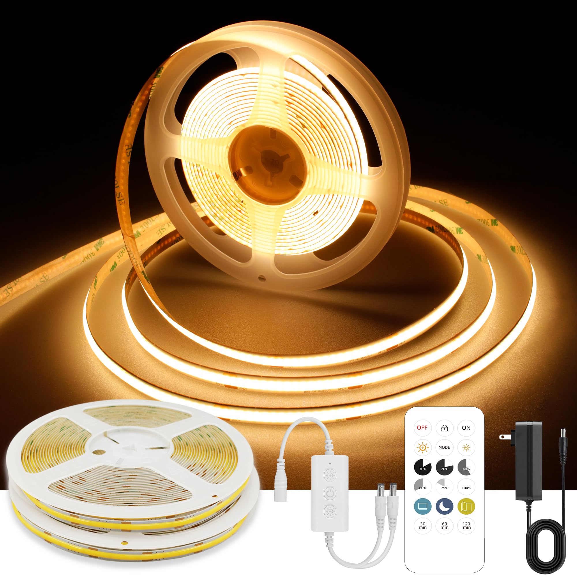 AXMOTUT 32.8ft COB LED Strip Light Warm White, High Bright LED Strips with 320LEDs, RF Re…