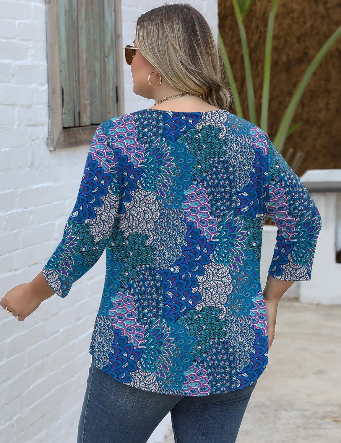 TFSDOD Womens Plus Size Tops 3/4 Length Sleeve Blouses Crew Neck Shirts Casual Loose Tunic Tops 1X-5X - Image 5