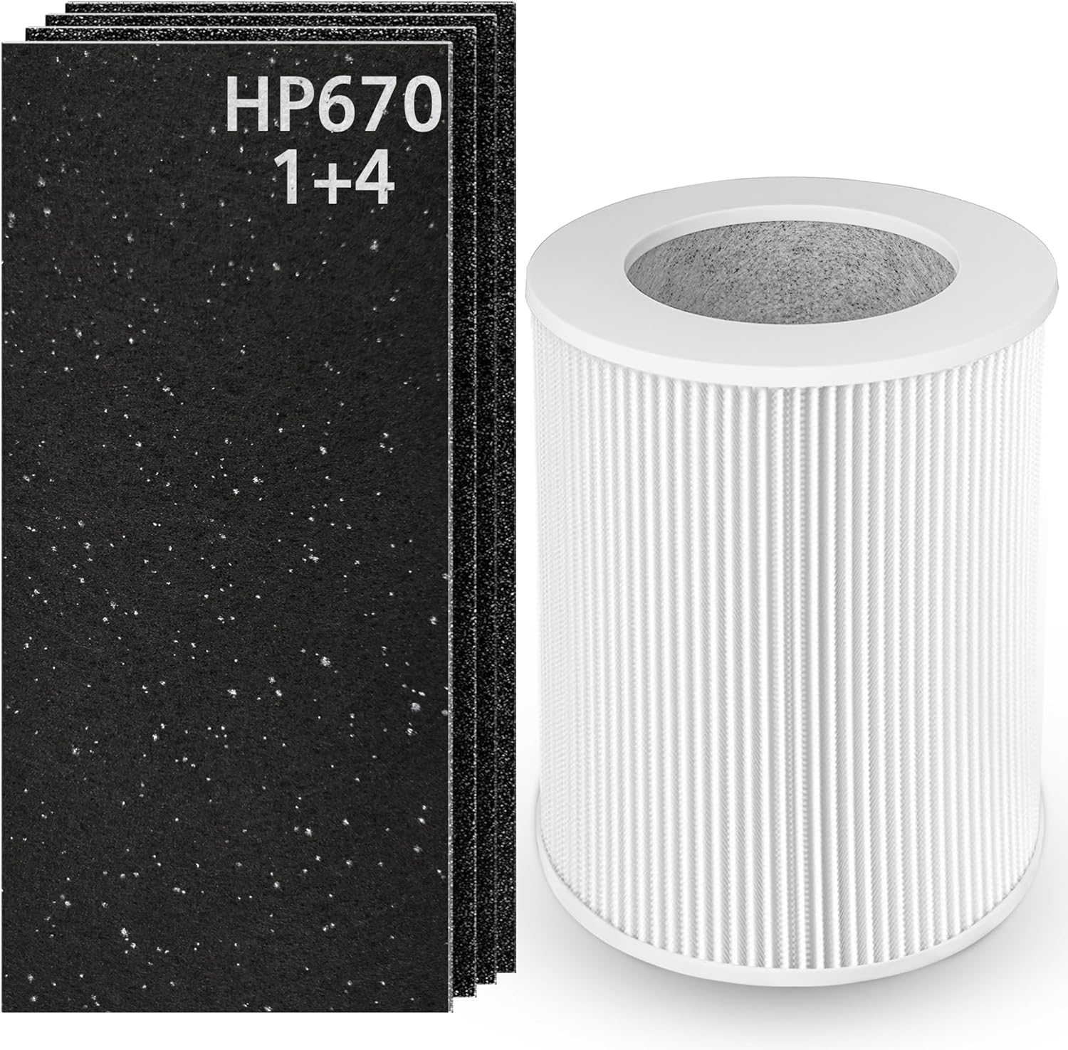 HP670 Replacement Filter Compatible with Hunter HP670 Large Tower True Air Cleaner Purifier, Compare to Part# H-HF670-VP, 1 x Premium Filter + 4 x Carbon Pre-Filters