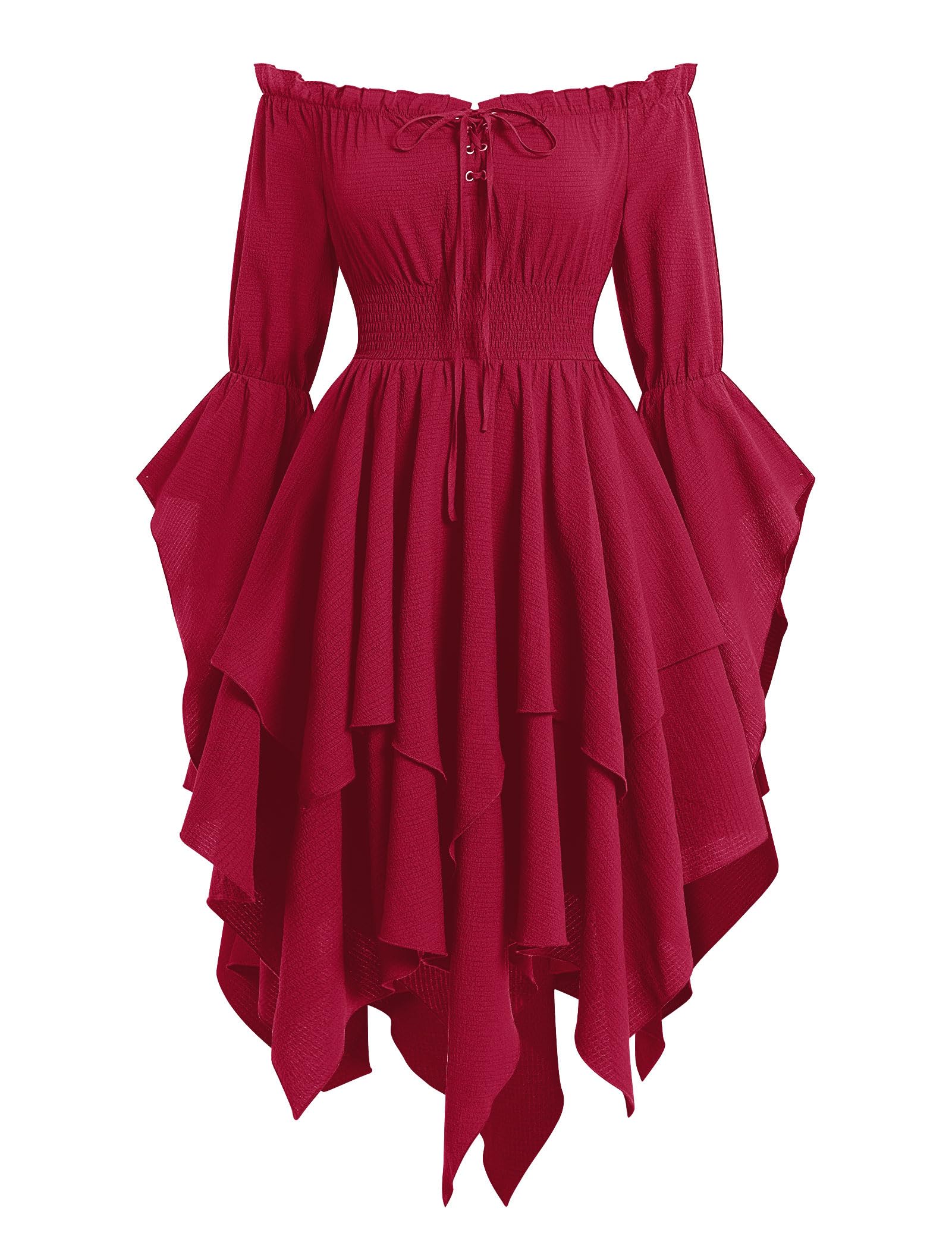 EFOGEP Womens Medieval Renaissance Dress Long Bell Sleeve Off Shoulder Asymmetry Hem Vintage Victorian Gothic Dresses for Costume Parties Festival Casual Wine XXL