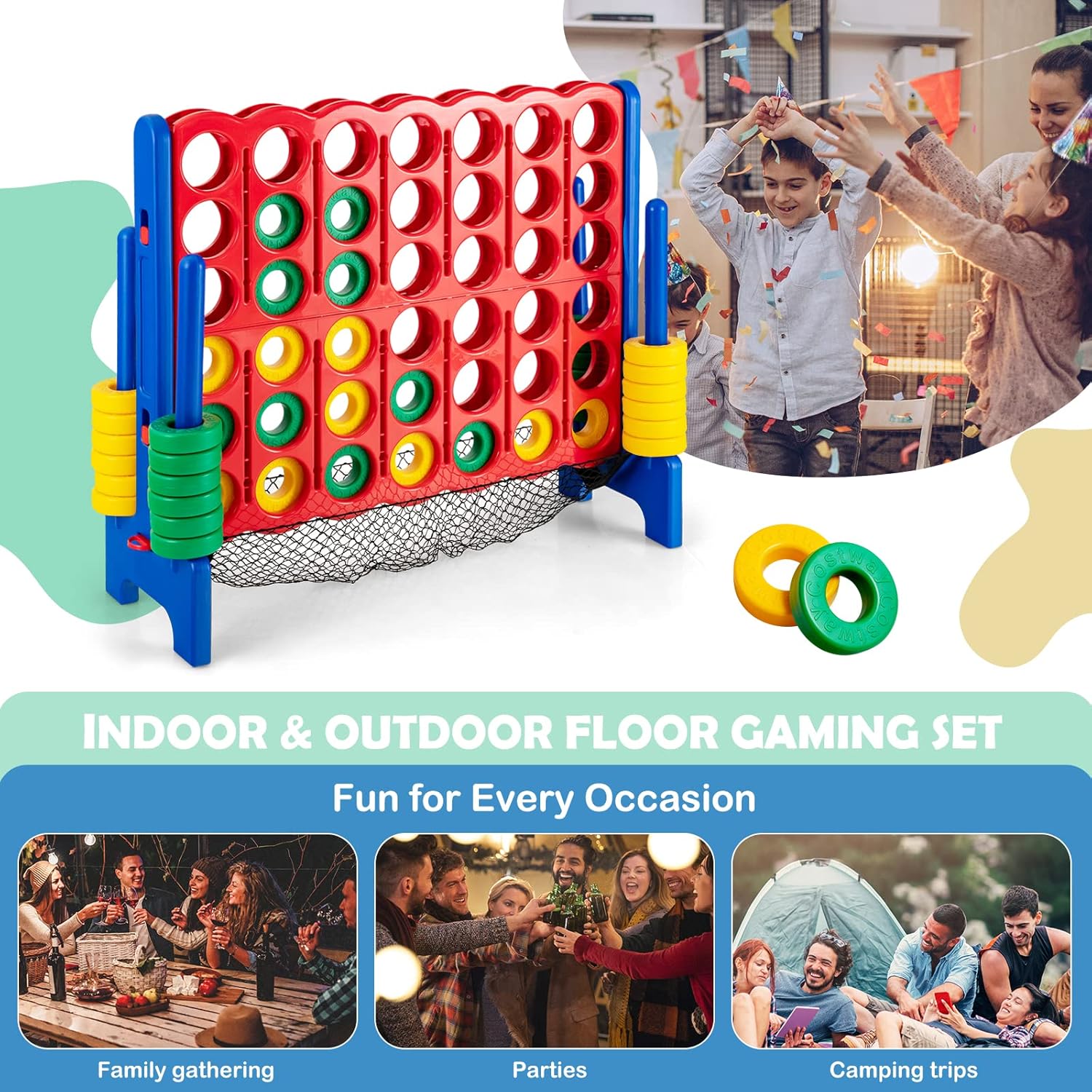 Costzon Giant 4-in-A-Row, Jumbo 4-to-Score Giant Game Set for Kids & Adults, Indoor Outdoor Yard Connect Game, 3.5FT Tall with 42 Jumbo Rings & Quick-Release Slider, Perfect for Family & Party Games