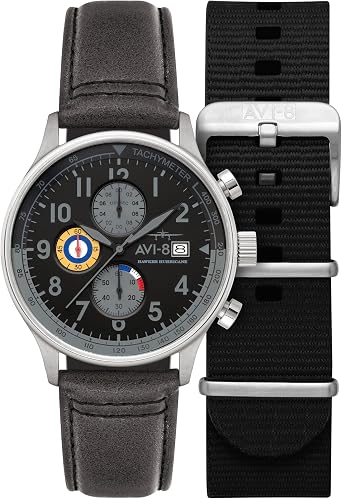 AVI-8 Hawker Hurricane Mens Watch - 42mm Stainless Steel Case, Japanese Quartz Movement, Genuine Leather Strap, Watches for Men, Classic Chronograph - AV-4011