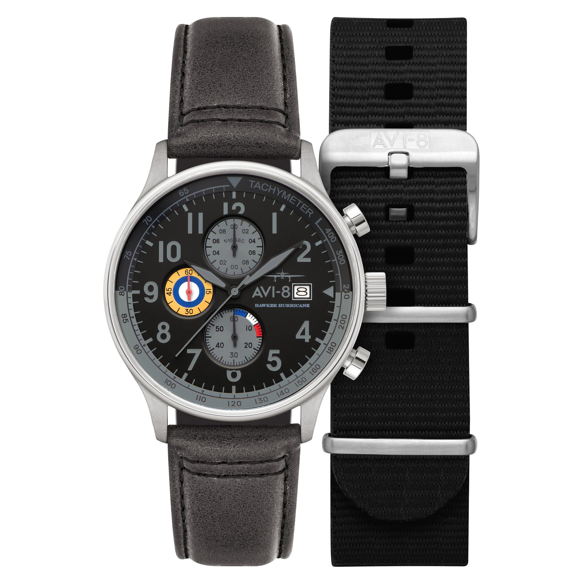 AVI-8 Men's 43.5mm Hawker Hurricane Classic Chronograph Grey Black Watch with Leather Strap AV-4011-0U