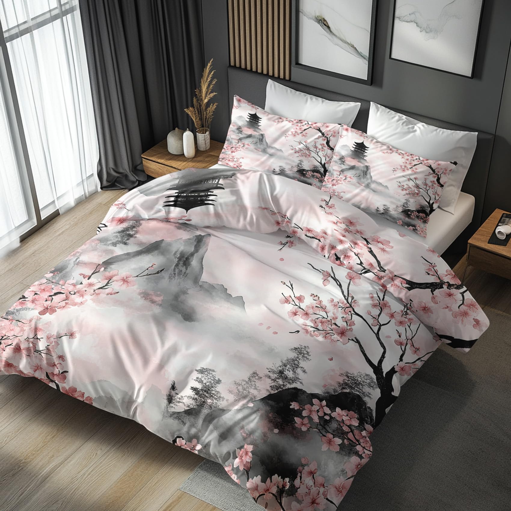 Nogawa Multicolor Japanese Cherry Blossom King Size Duvet Cover Sets - Pink Floral Bedding Set - Reversible Quilt Cover & 2 Pillowcases With Zip And Ties, Soft And Non Iron Brushed Microfibre Bed Set 230X220