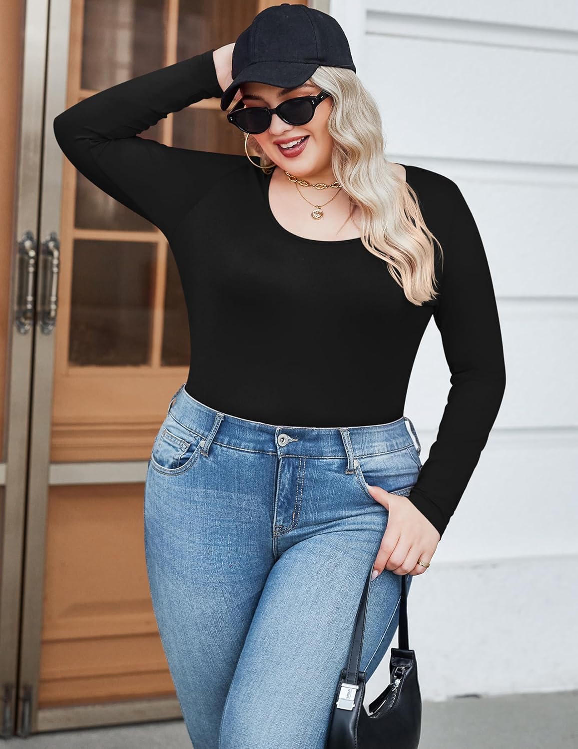 IN'VOLAND Women's Plus Size Long Sleeve Shirts Scoop Neck Slim Fitted T Shirt Stretchy Bodycon Basic Tee Tops - Image 4