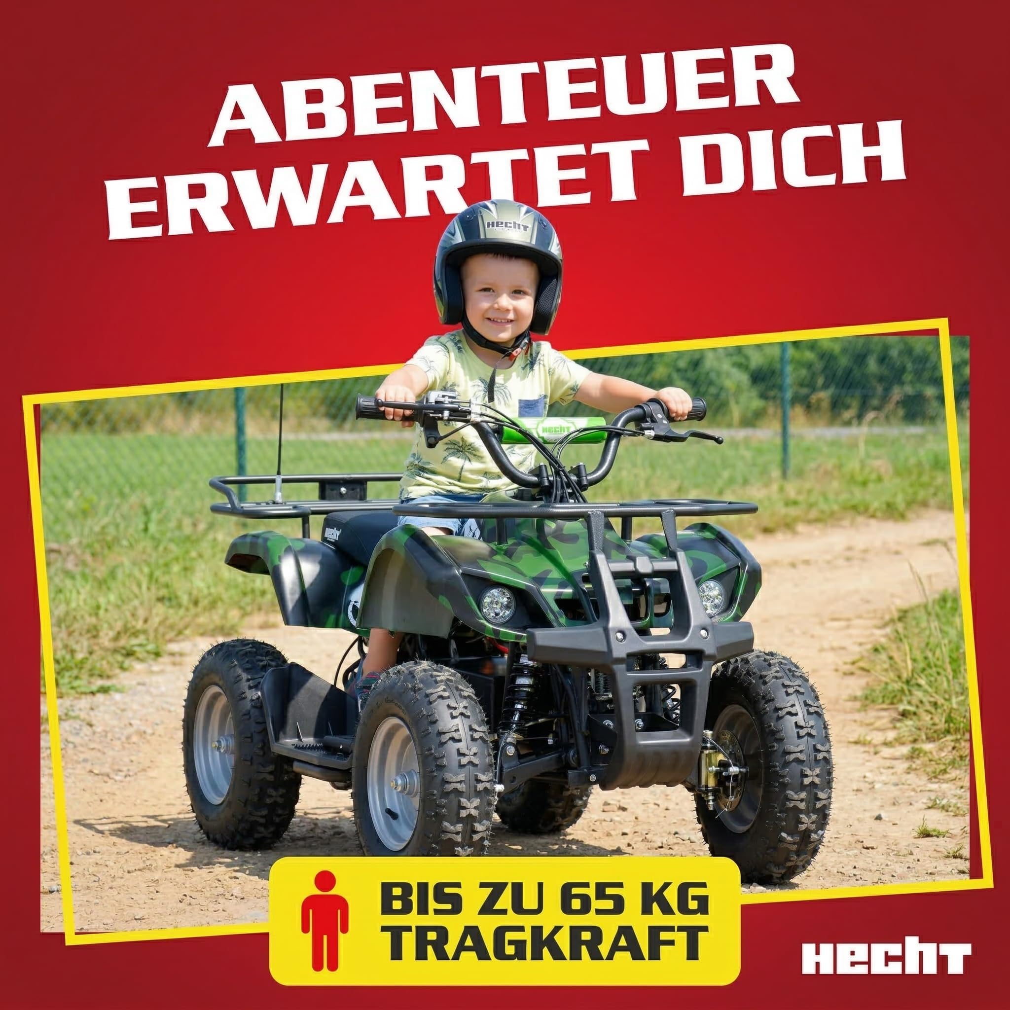 HECHT Elektro Kinderquad bis 25 km/h – Offroad Quad für Kinder mit 1000 W Motor, 36 V/12 Ah Blei-Gel-Akku, 3 Fahrstufen, Scheibenbremsen vorn/hinten & verstellbarer Federung (Army)