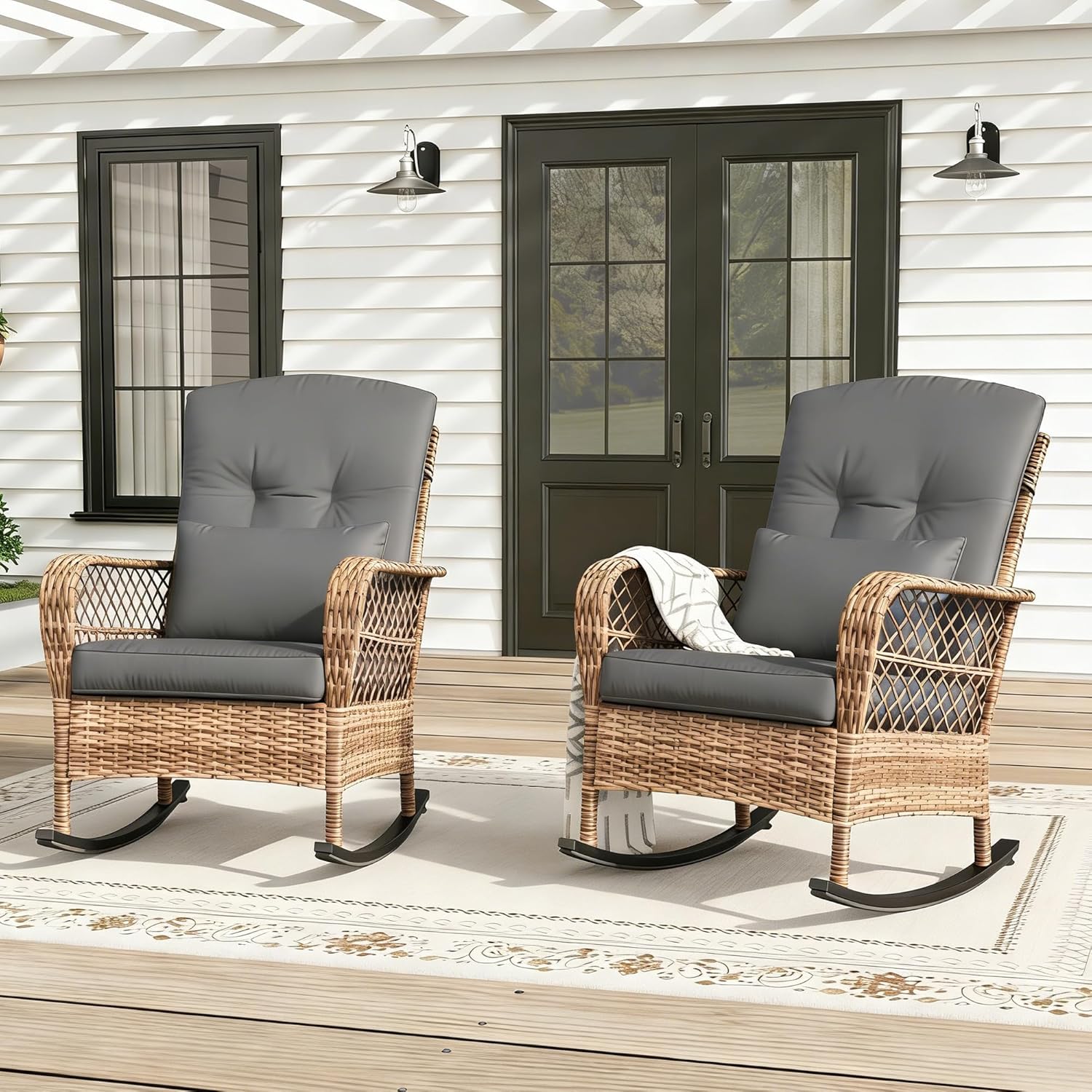 PE Wicker Rocking Chair with Thick Cushions, All-Weather 350lbs Capacity High Back Patio Rocker for Garden Porch Indoor Outdoor Use