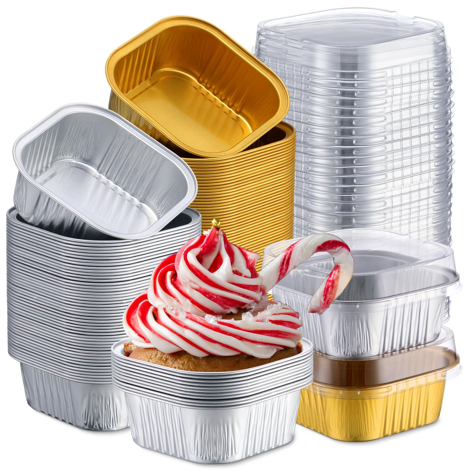 Aoriher 150 Pieces 10 oz Mini Cake Pans with Lids Aluminum Foil Baking Cups Square Disposable 4 x 4 Large Cupcake Cups Baking Tins for Kitchen Brownie Pudding Desserts Holders(All Golden,All Silver)