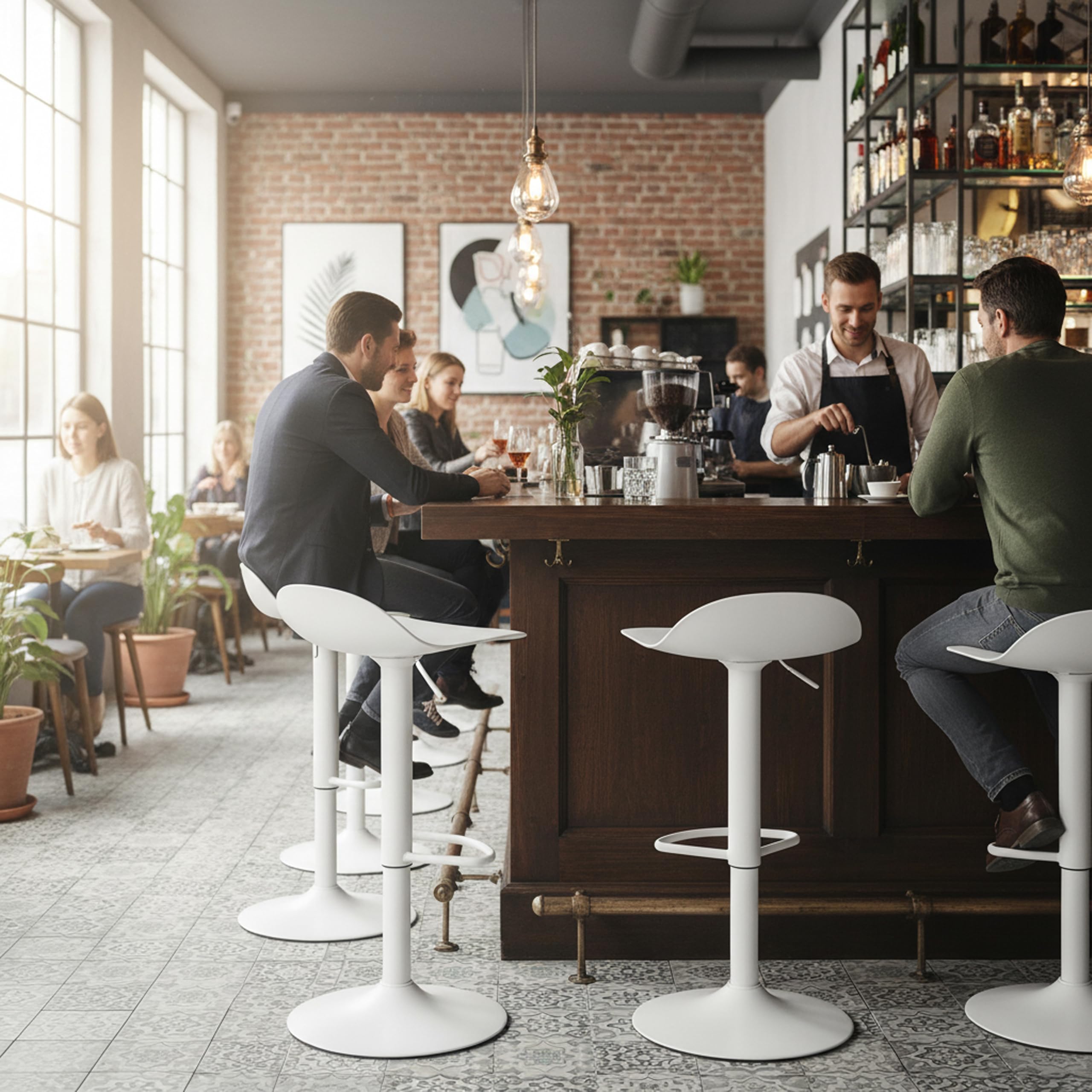 Baroni Home Juego de 2 Taburete de Bar Giratorio con Altura Ajustable, Fondo antiarañazos y reposapiés, para Cocina, Restaurante y Bar, Ligero y fácil Montaje, 41x40x64-86 cm, 2 Unidades, Blanco