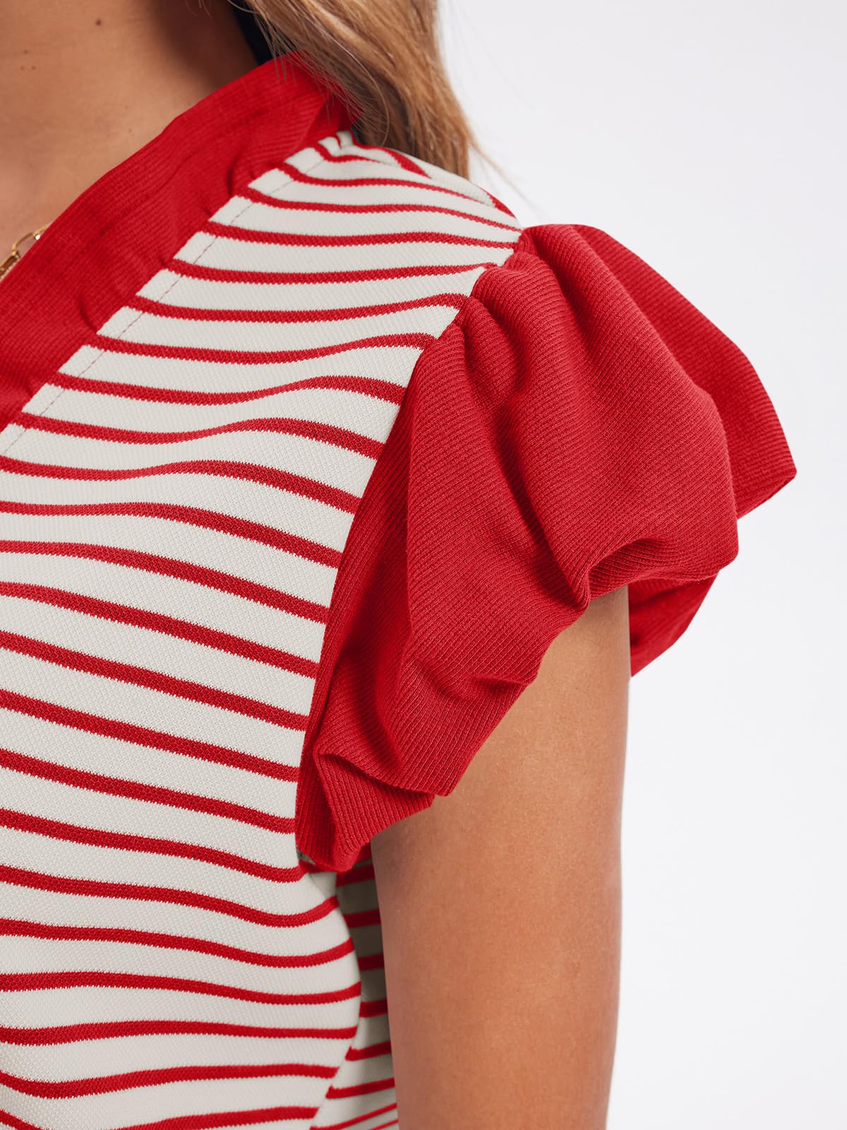 Tankaneo Canotte da donna con maniche ad aletta con volant, estive, casual, carine, a blocchi di colore, a righe, plissettate, con scollo a V