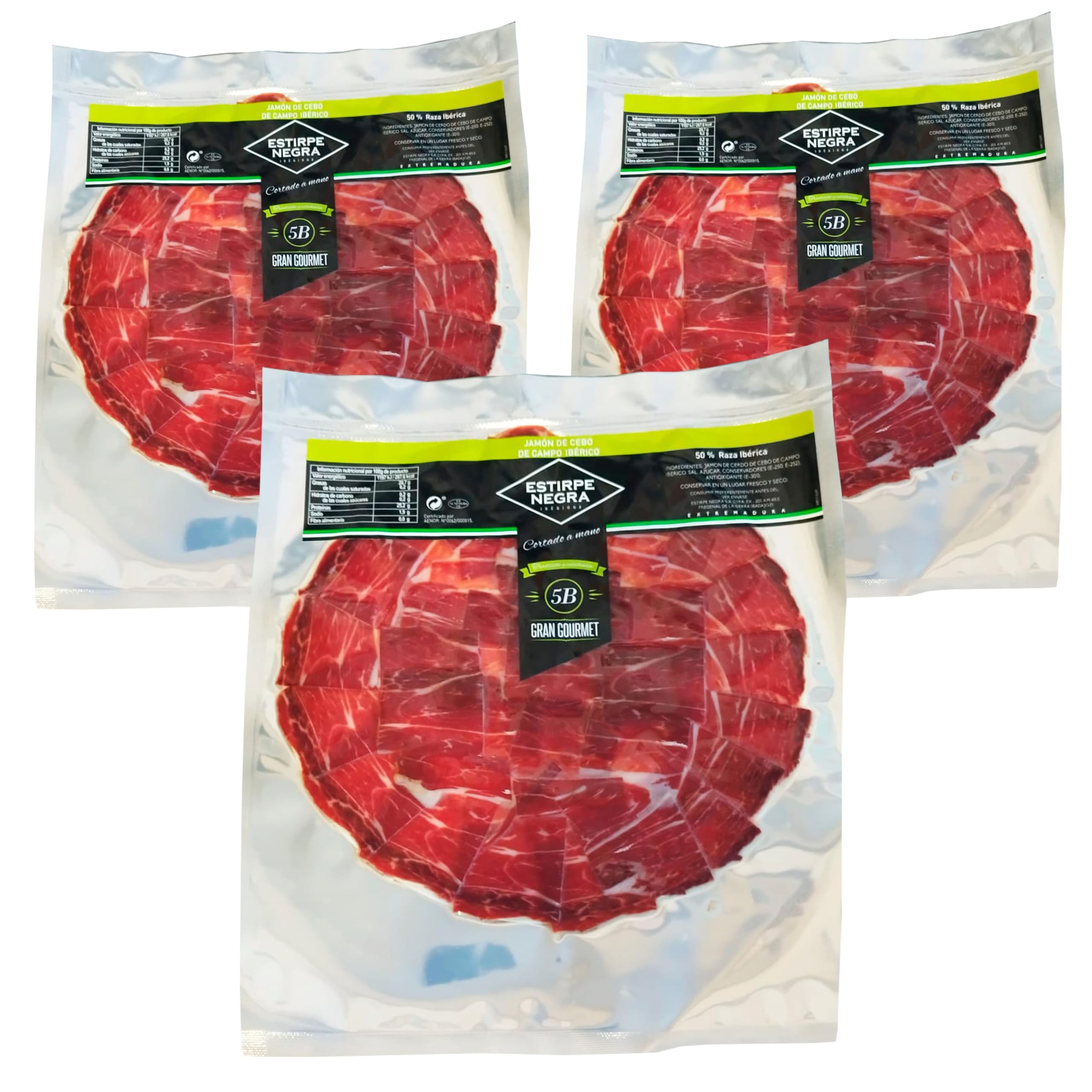 Jamón Ibérico de Cebo de Campo 50% Raza Ibérica Estirpe Negra - Exquisito Jamón de Extremadura Cortado a Cuchillo - Cerdos Criados en Libertad y Alimentados con Productos Naturales. (5 Sobres)