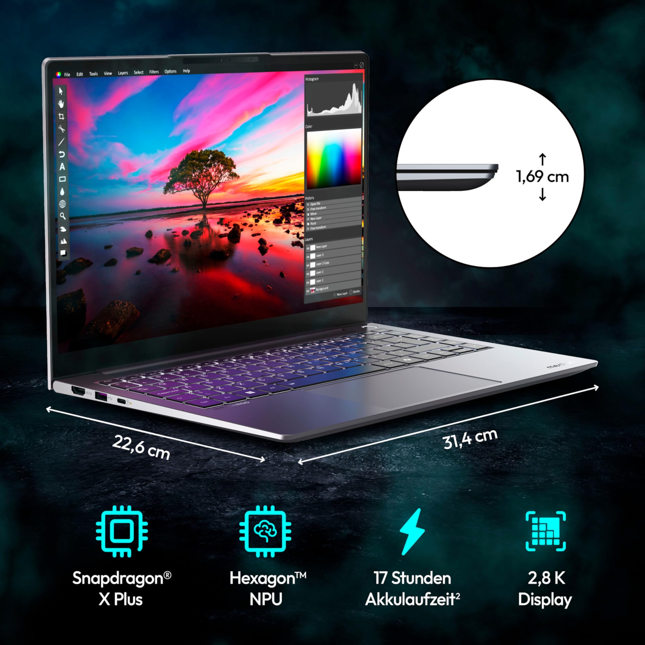 MEDION SPRCHRGD 14 S1 35,56 cm (14" Zoll 120Hz 2.8K WQXGA+) Laptop (Copilot+ PC, Qualcomm Snapdragon X Plus, 16GB DDR5 RAM, 512GB SSD, Win 11 Home)