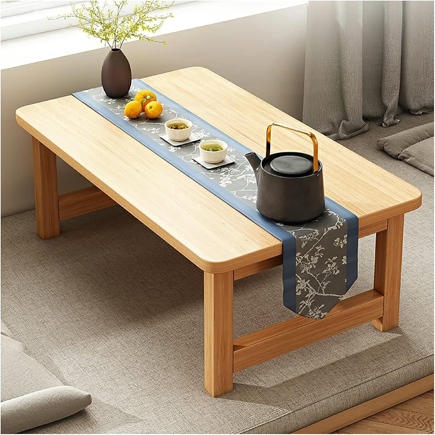 Portable Japanese Folding Meditation Table - Vintage Low Picnic & Laptop Desk - Beige, 60x40x35cm - Ideal for Home, Office, and Outdoor Use