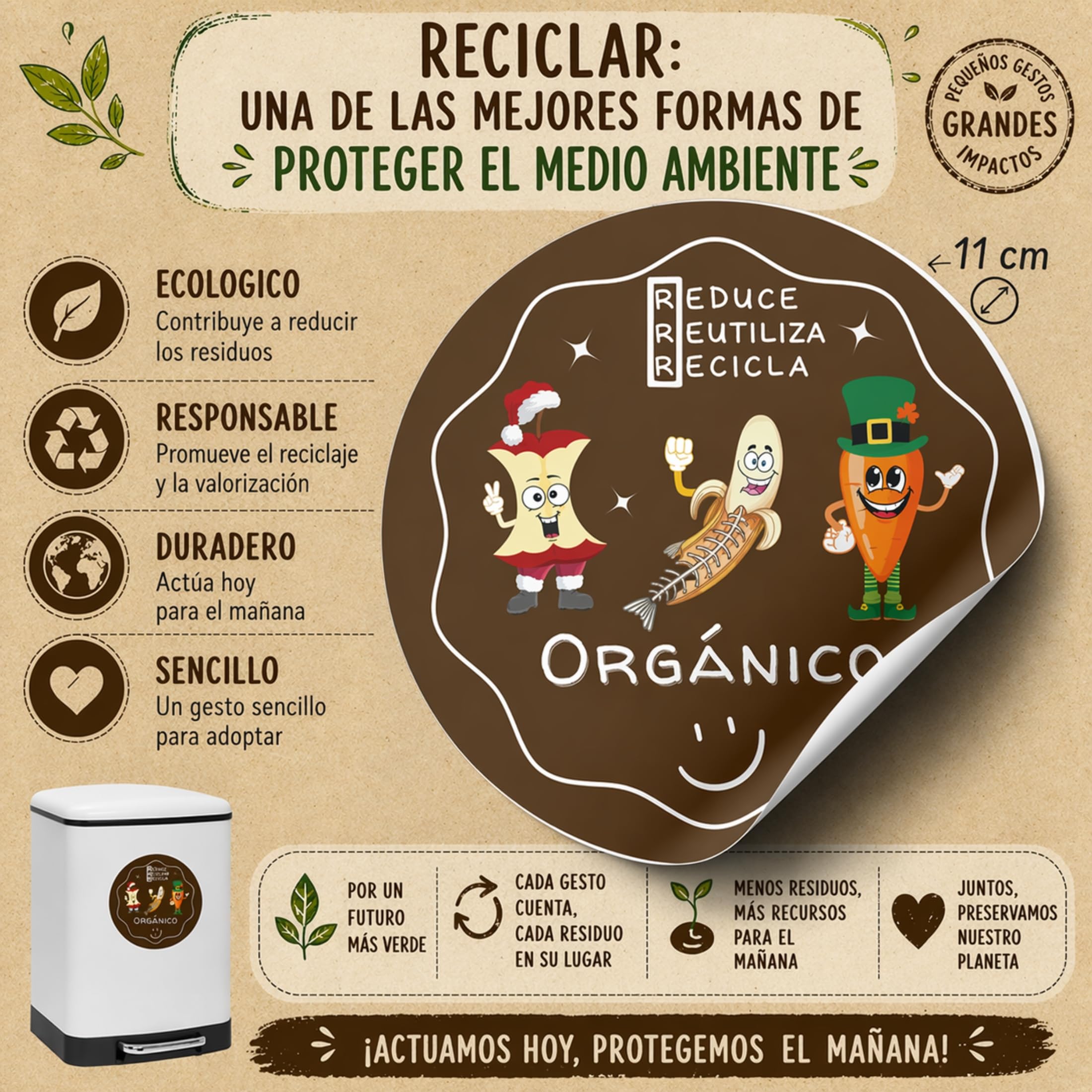Pack 6 Pegatinas Reciclaje Basura ESPAÑOL Ø11 cm | Pegatinas Cubo Basura | Etiquetas Adhesivas reciclaje | Vinilo para reciclar en Cocina, Oficina, Colegios - Didacticas, Acabado brillo