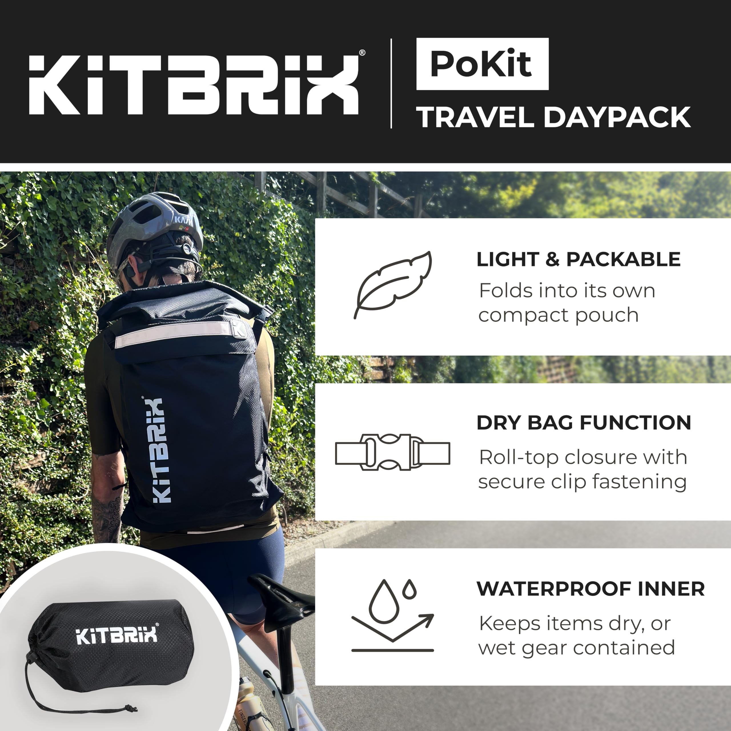 POKIT Mochila Day Bag - Mochila para ciclismo/senderismo - Mochila plegable impermeable 25L - Negro/Azul - Kit organizado 2
