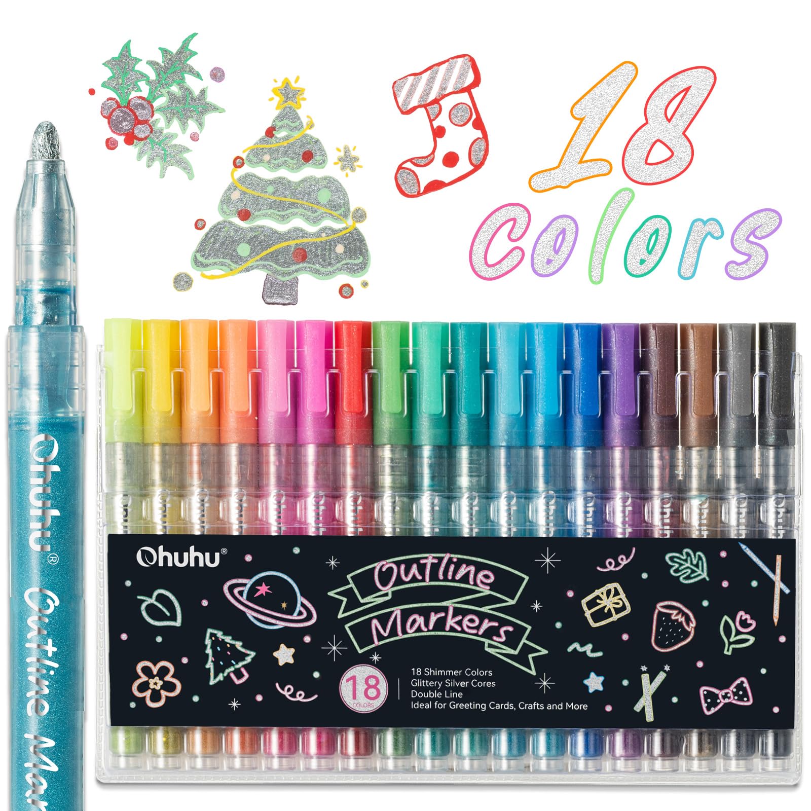 Ohuhu 18 Glitzerstifte Magische Outline Stifte, Geschenke zur Einschulung, Schulanfang Adventskalender Basteln Kinder Teenager - für Grußkarten, Glas, Stein, Kunststoff DIY Kunsthandwerk Doodle