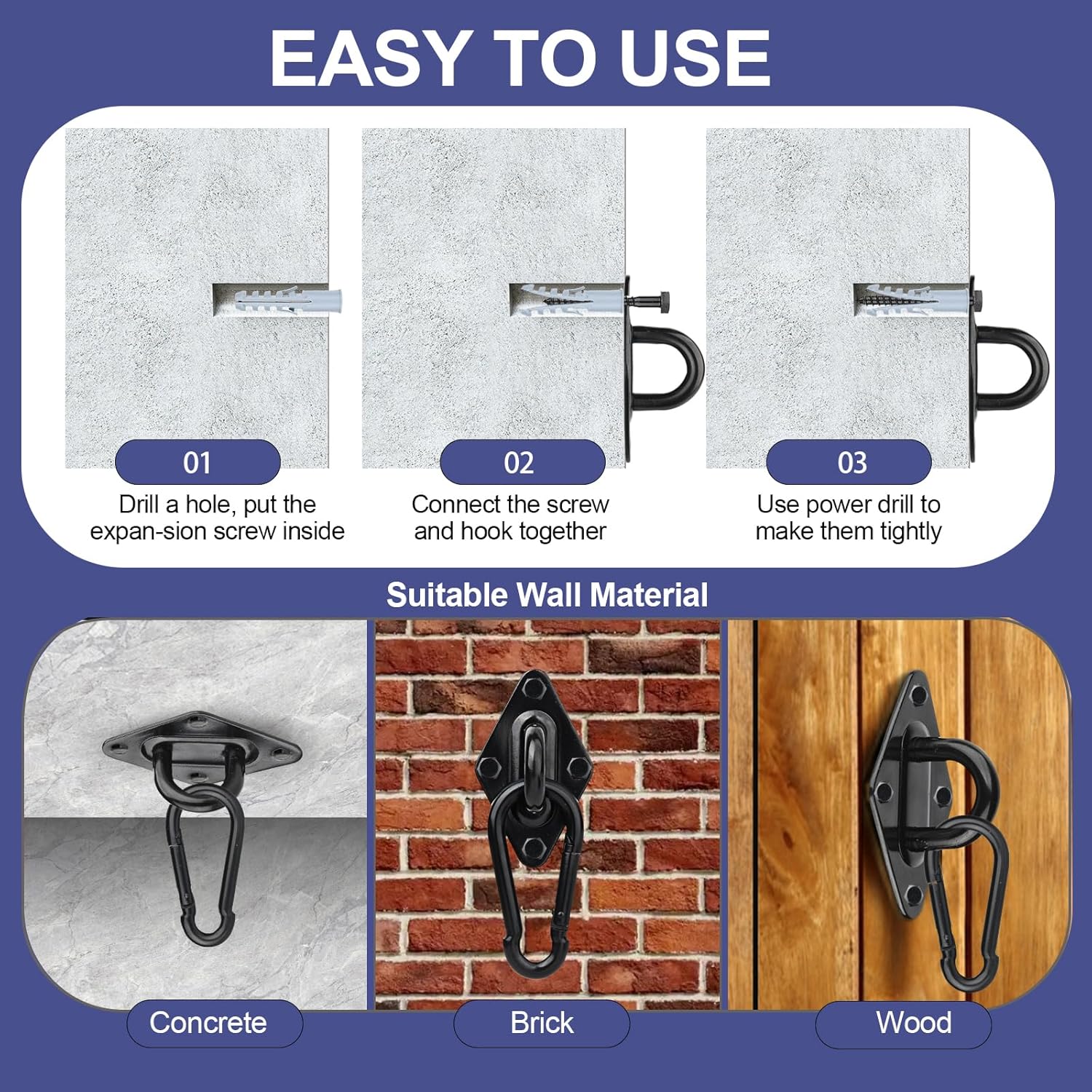 Hammock Hooks 4 Pack, Heavy Duty Hammock Hanging Kit, M10 304 Stainless Steel Pad Eye Hanging Hooks for Porch Swing Hang, 3400Lbs Holding Capacity,Black